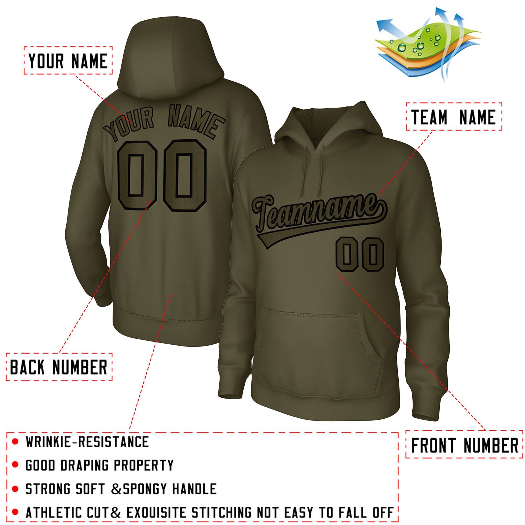 Custom Olive Black Classic Style Sports Uniform Pullover Hoodie