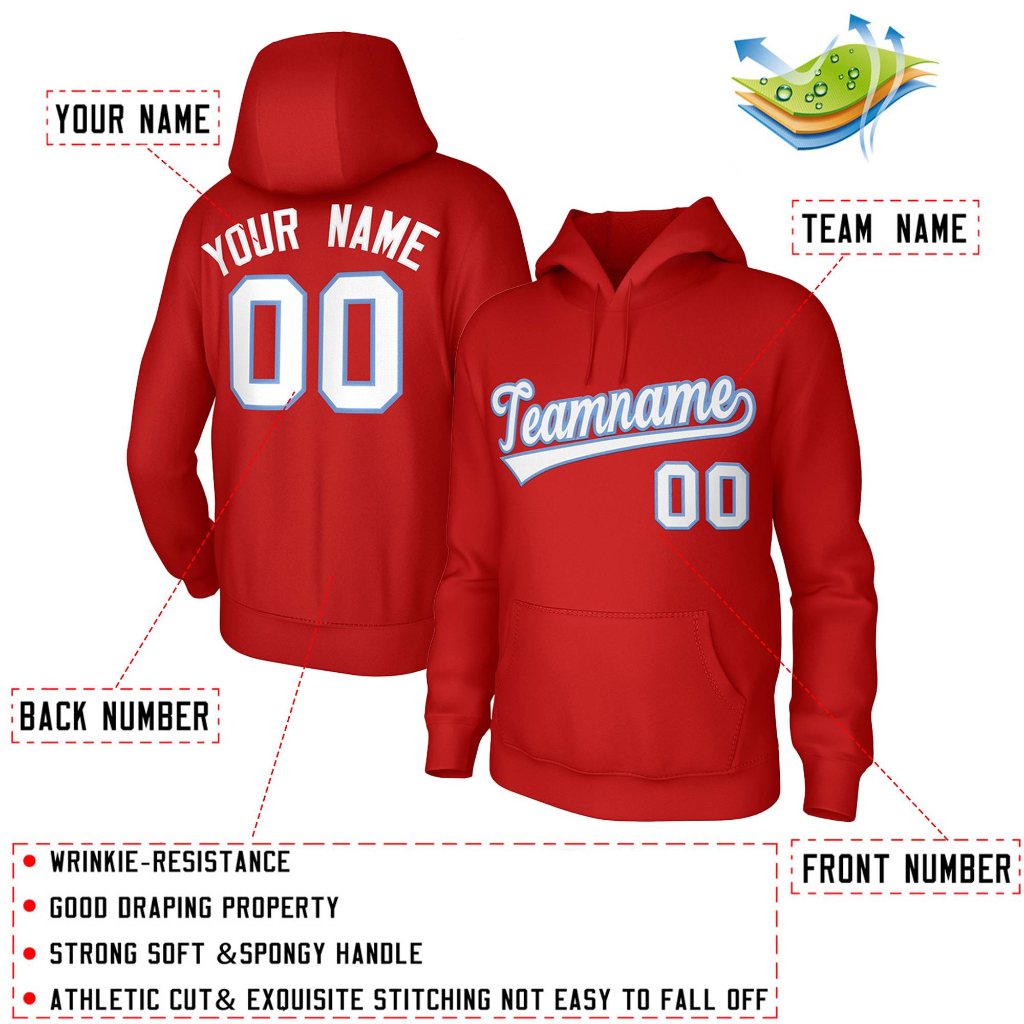 Custom Red White-Light Blue Classic Style Sports Uniform Pullover Hoodie