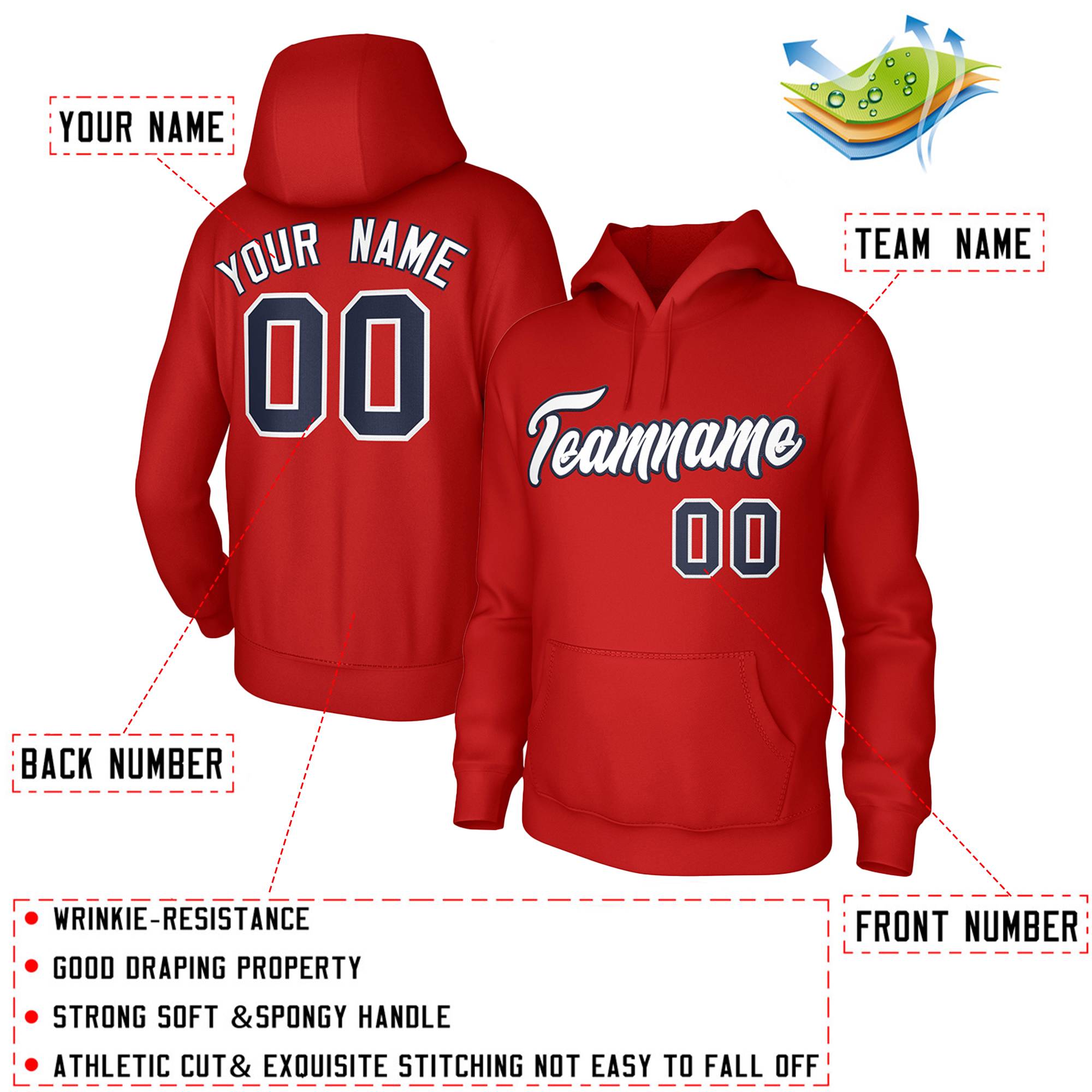 Custom Red White-Navy Classic Style Personalized Uniform Pullover Hoodie