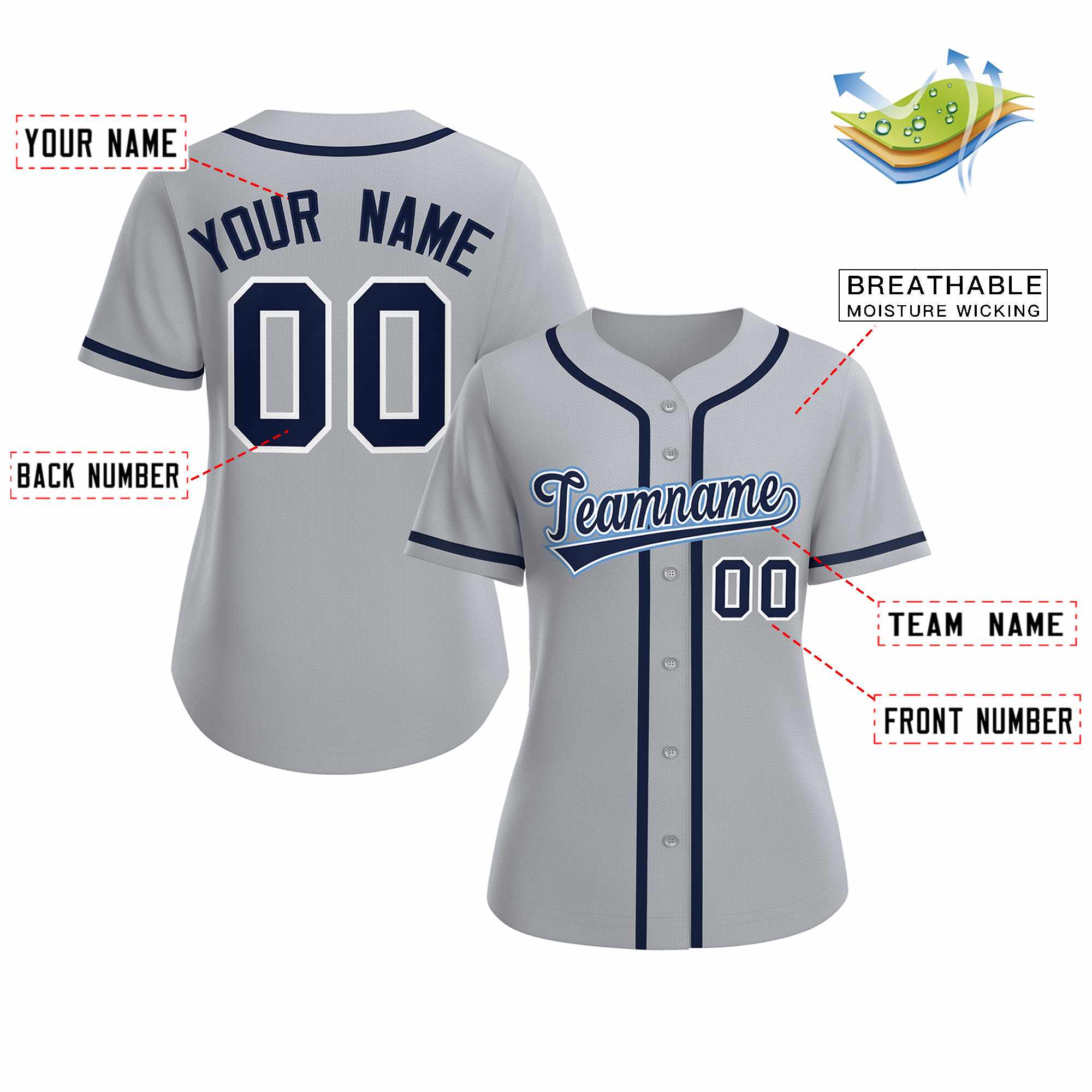 Maillot de baseball personnalisé gris marine blanc de style classique pour femme