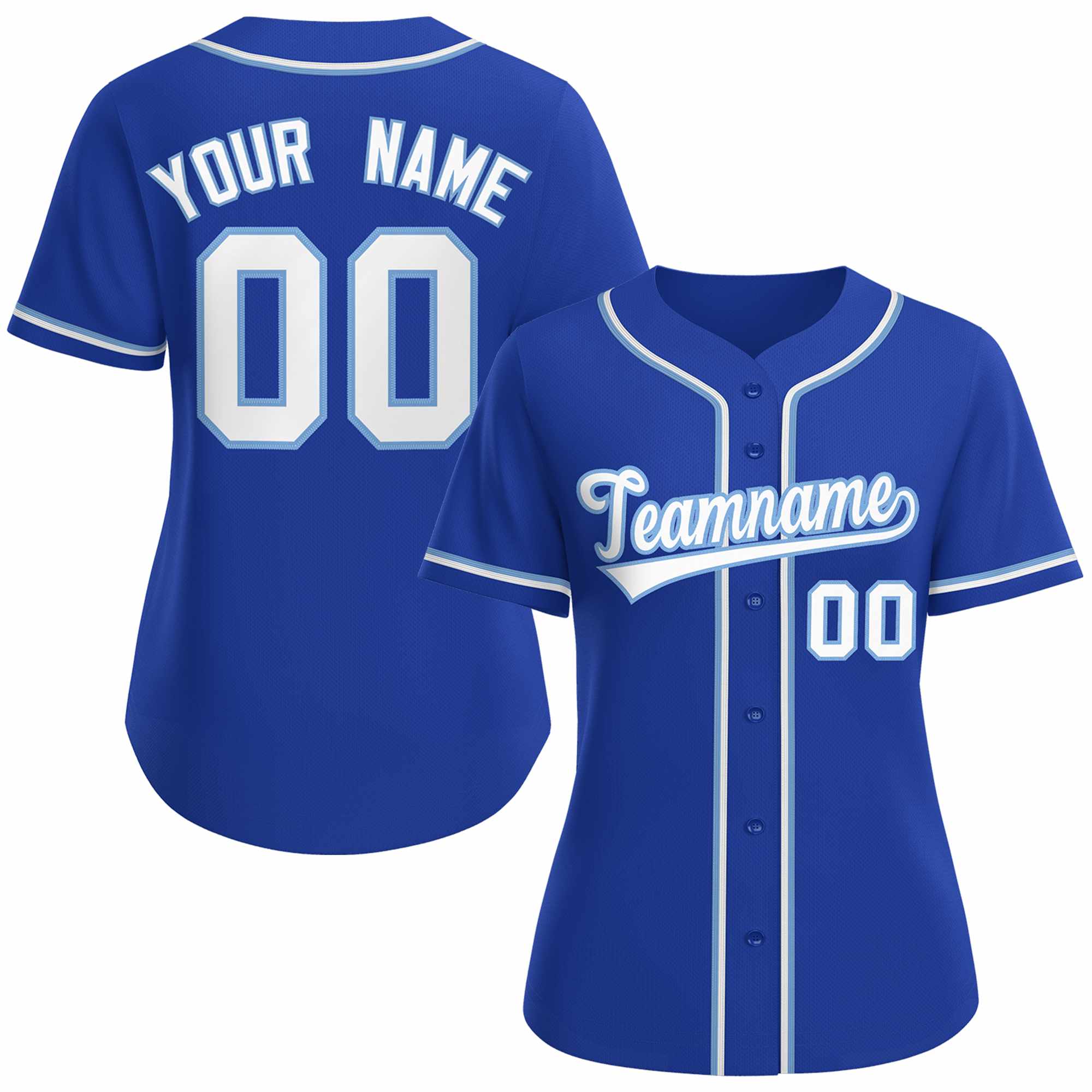 Maillot de baseball de style classique bleu clair blanc royal personnalisé pour femmes