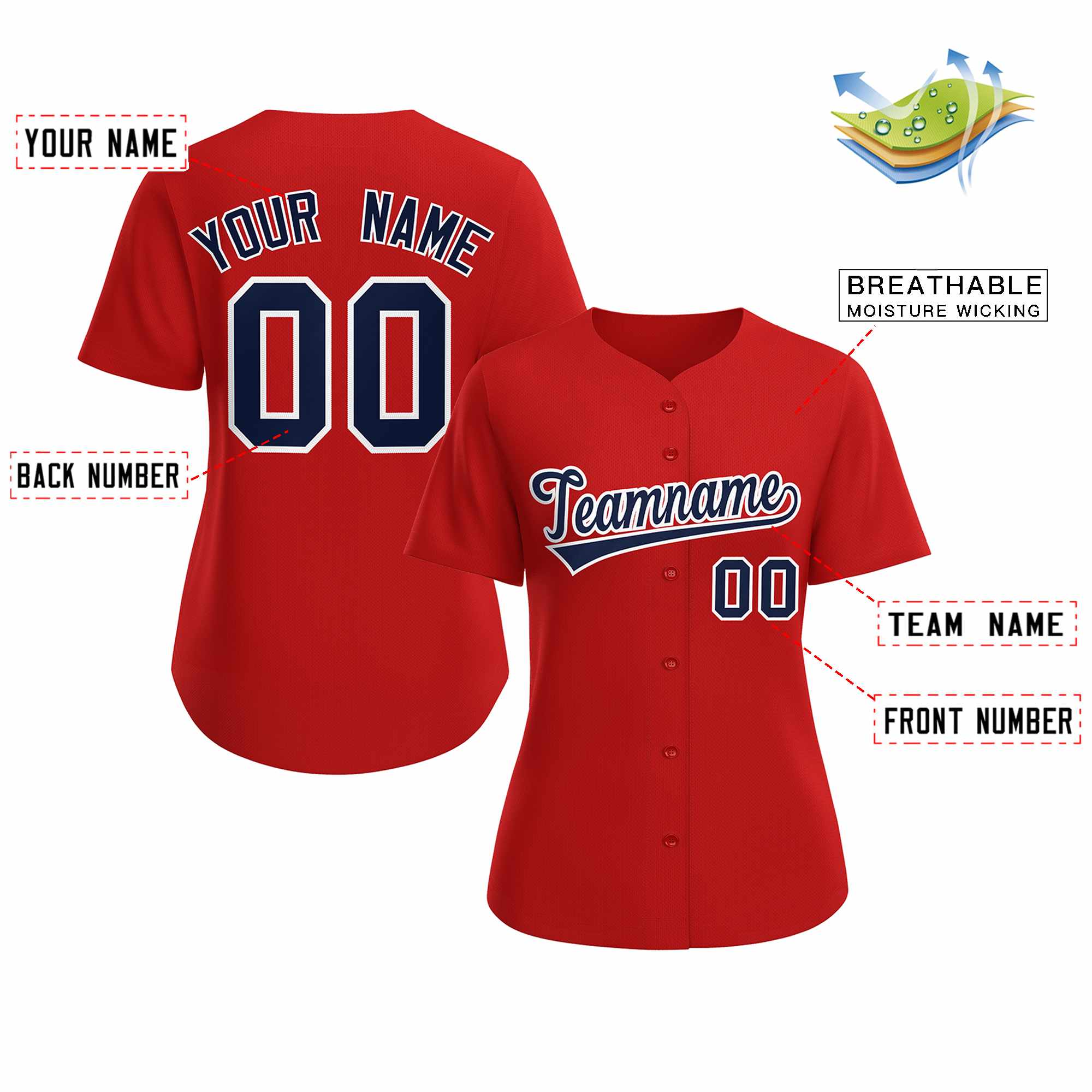 Maillot de baseball de style classique rouge marine blanc personnalisé pour femmes