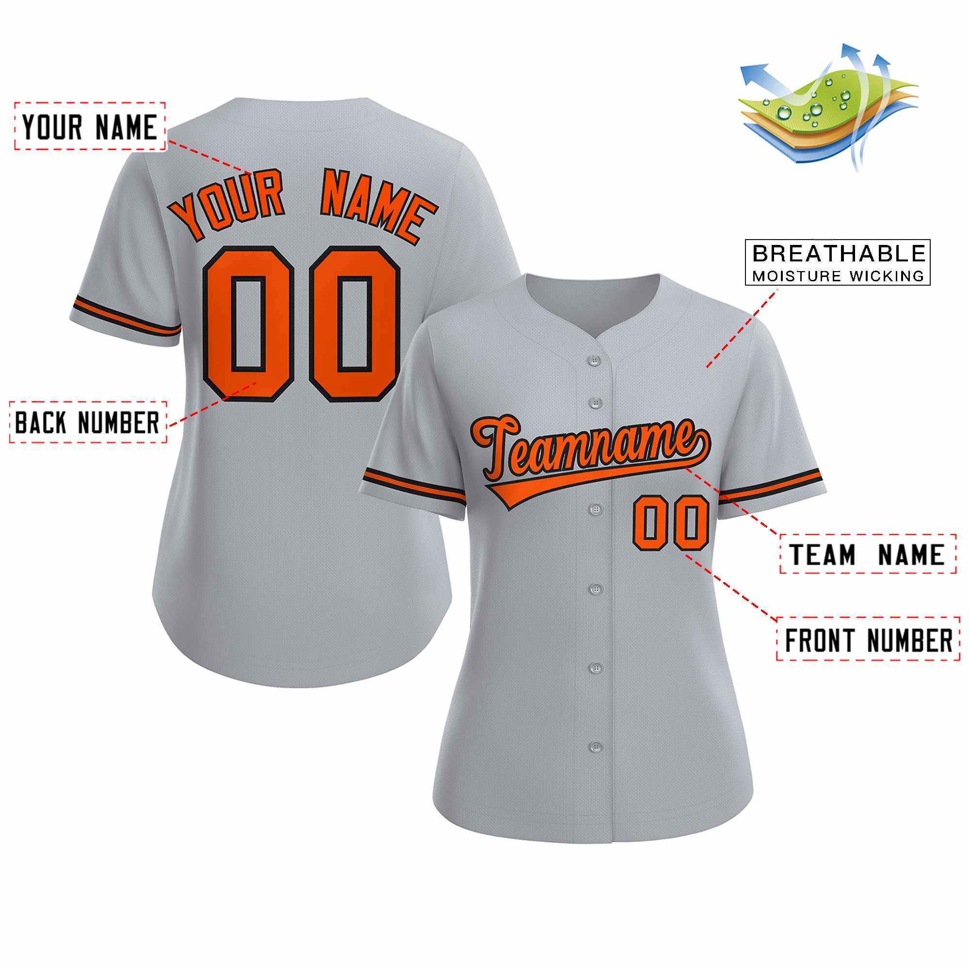 Maillot de baseball de style classique personnalisé gris orange noir pour femmes