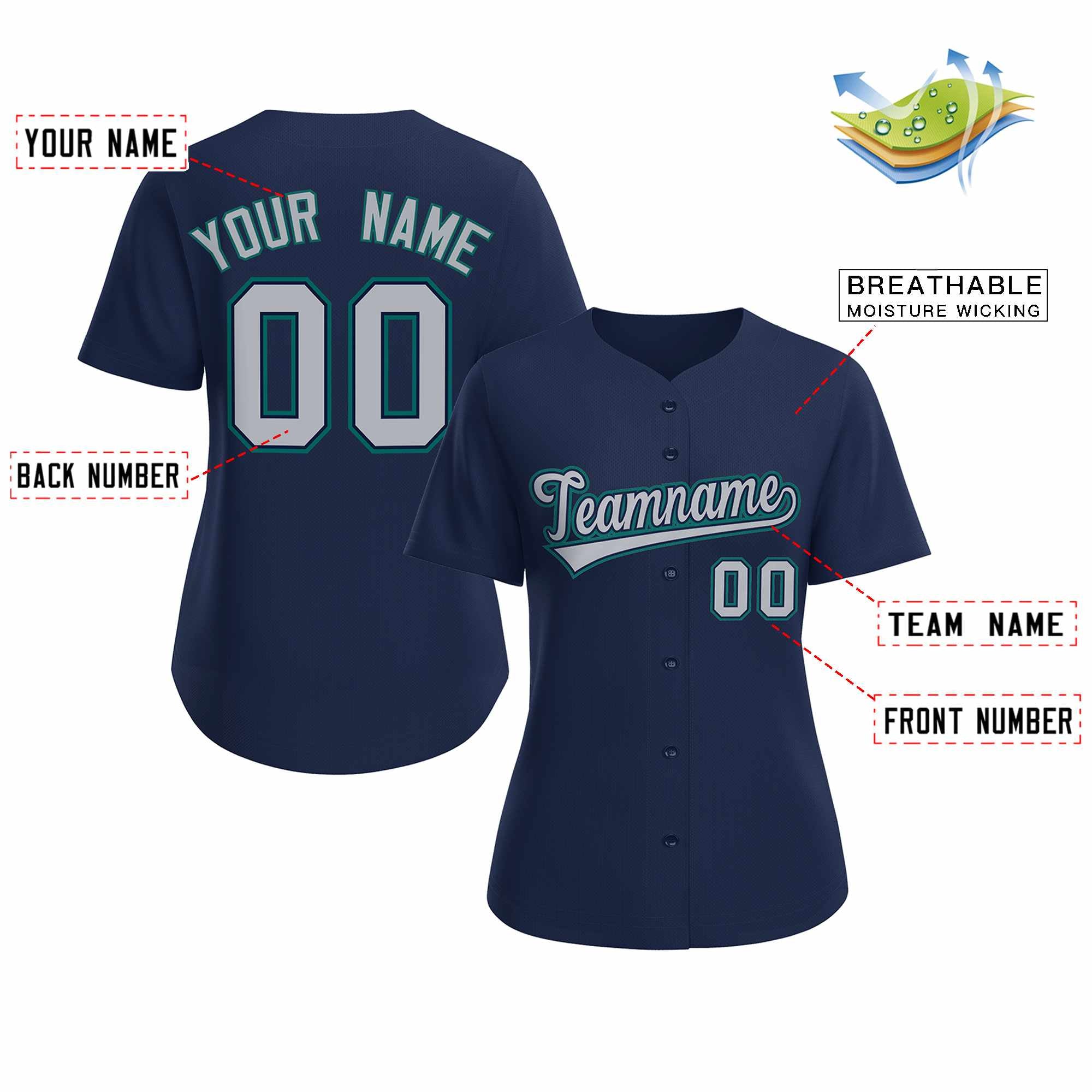 Maillot de baseball personnalisé de style classique, gris marine, marine, pour femmes