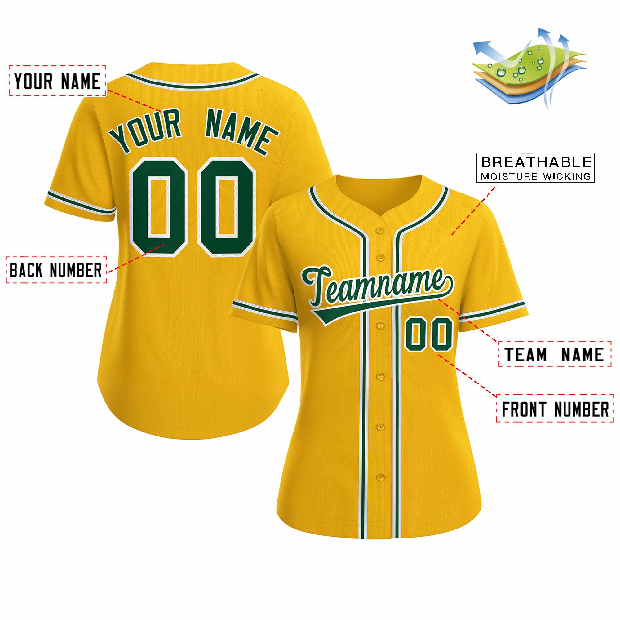 Custom Gold Green White Classic Style Baseball Jersey for Women