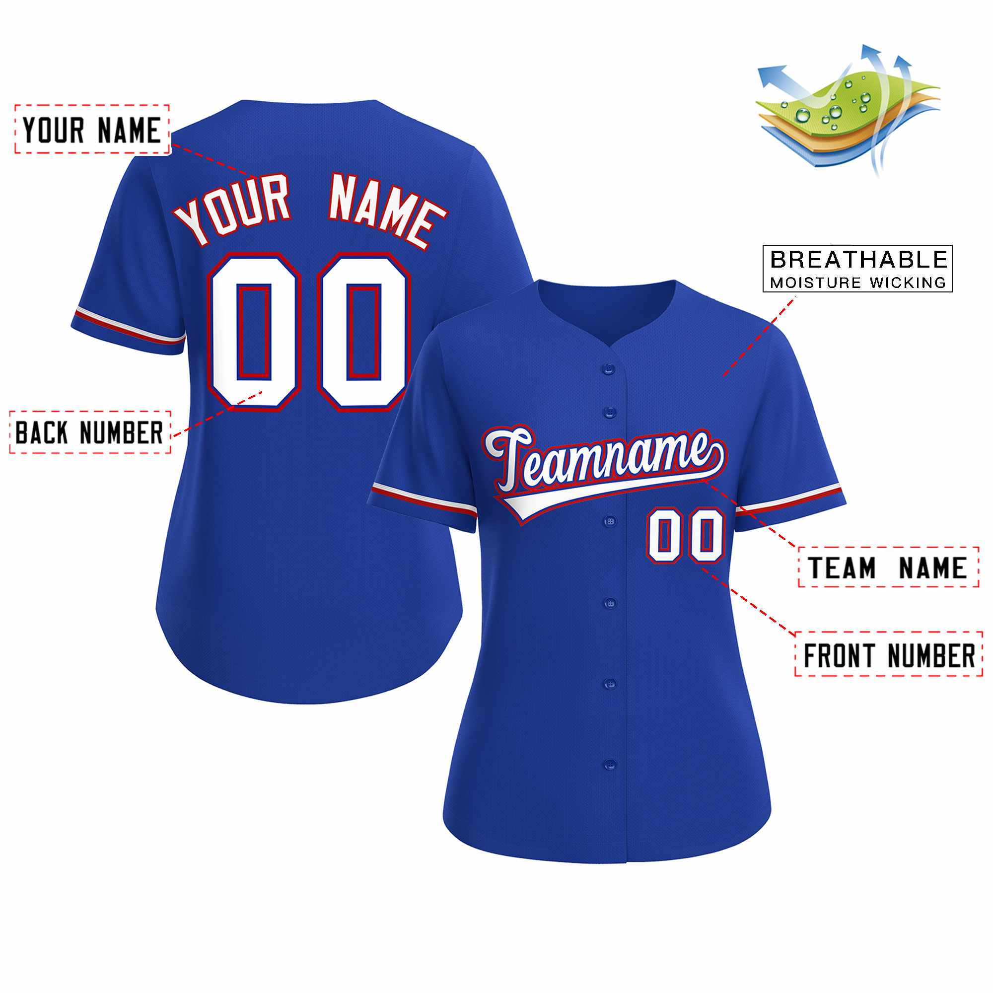 Maillot de baseball de style classique royal blanc personnalisé pour femmes