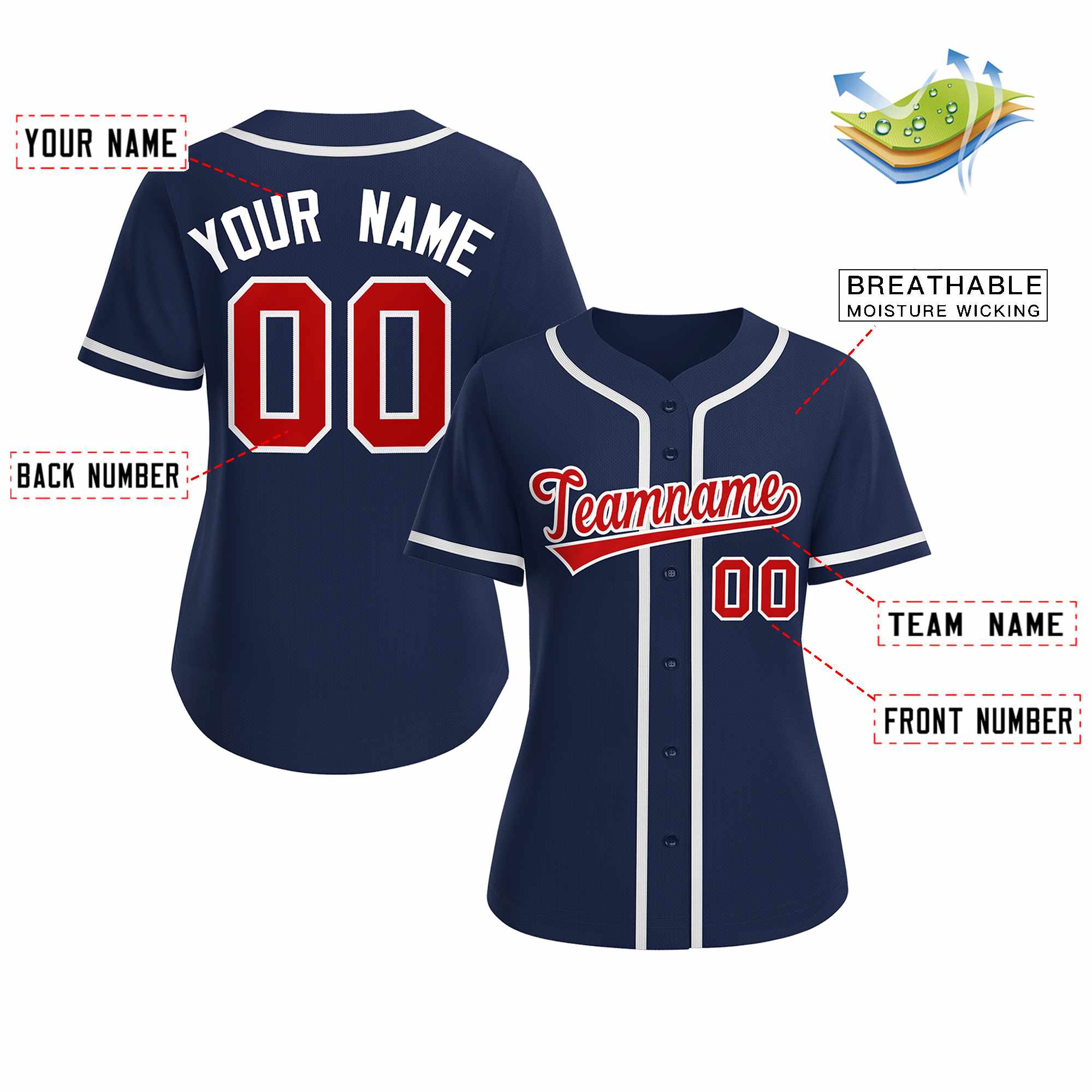 Custom Navy Red White Classic Style Baseball Jersey for Women