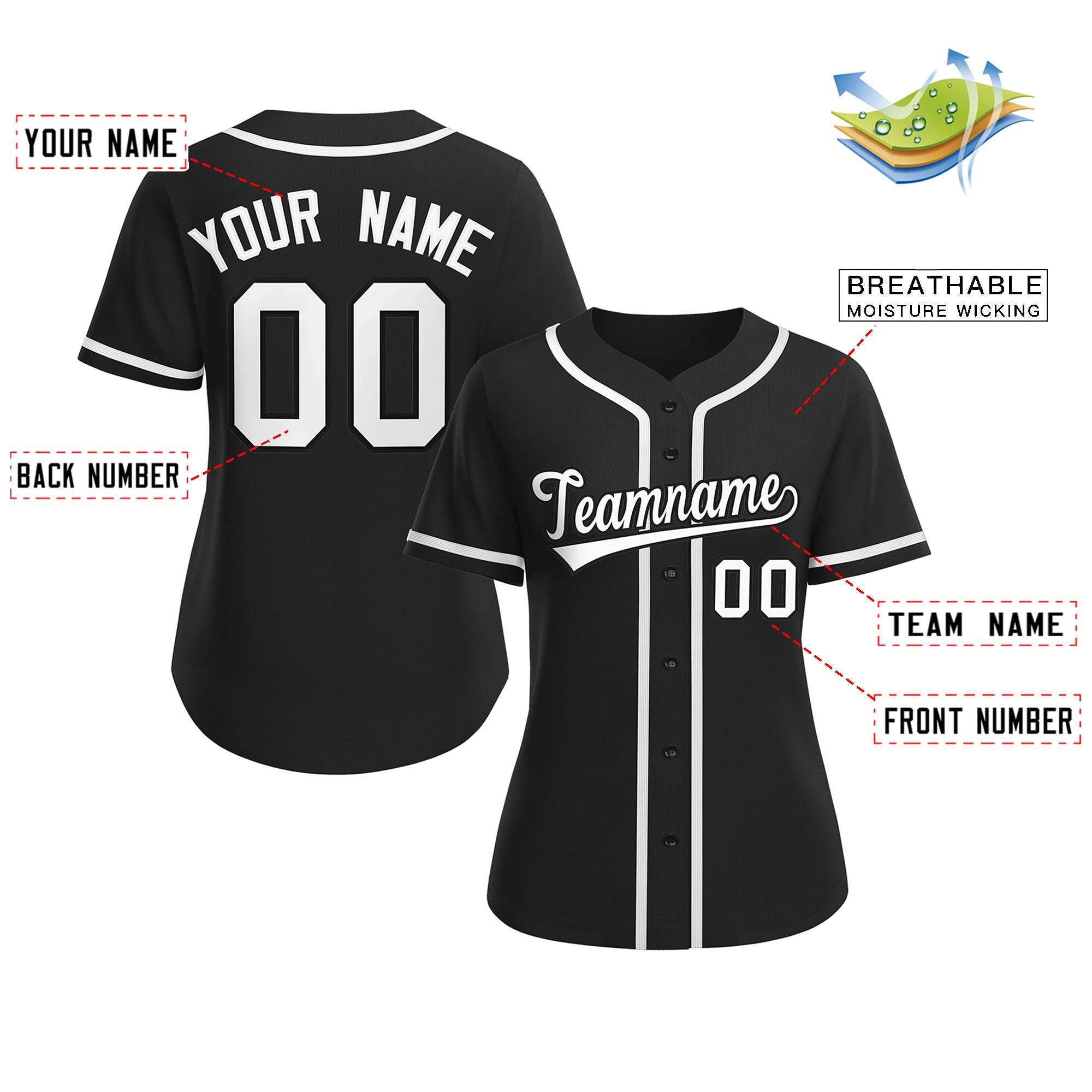 Maillot de baseball personnalisé noir blanc-noir de style classique pour femme