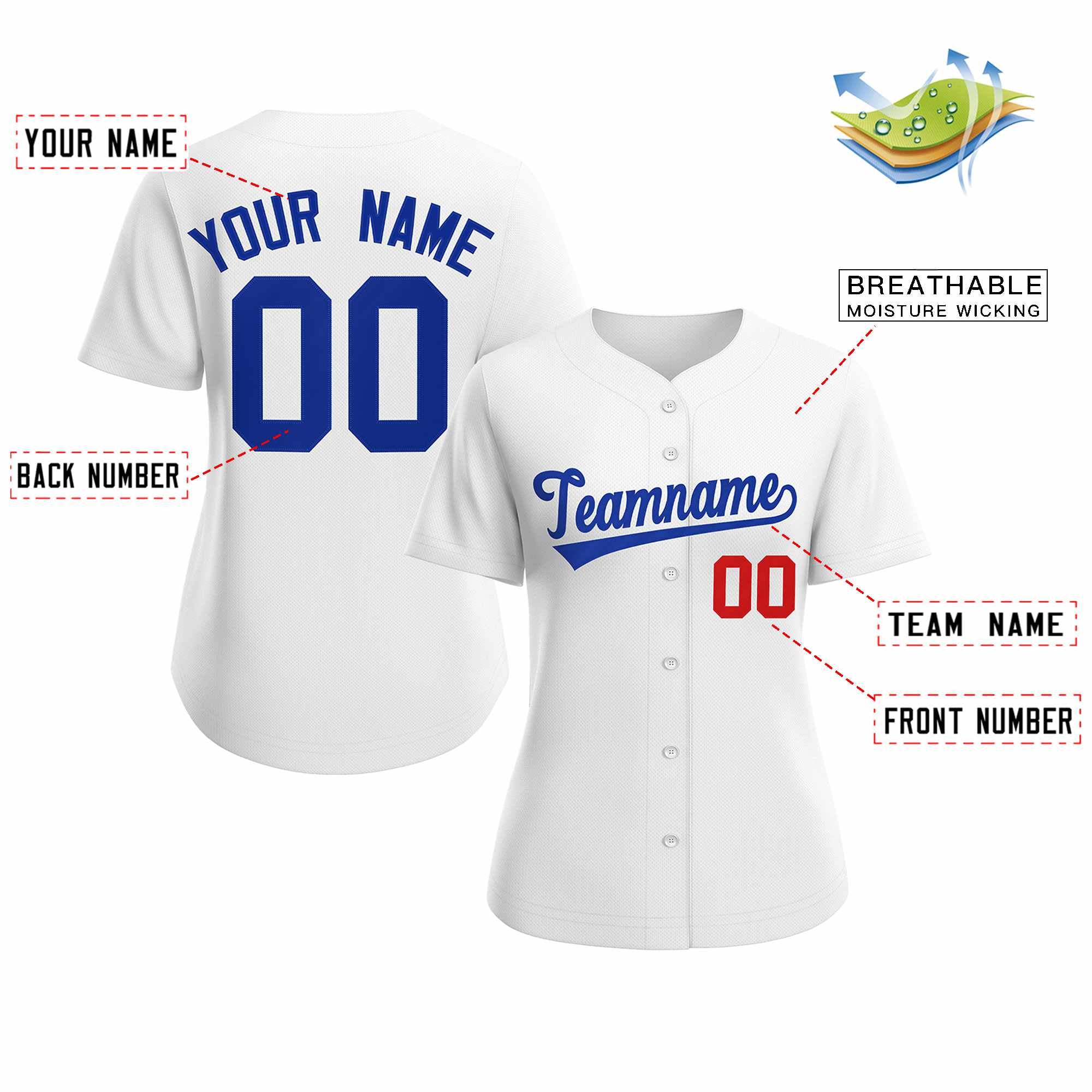 Maillot de baseball de style classique royal blanc personnalisé pour femmes