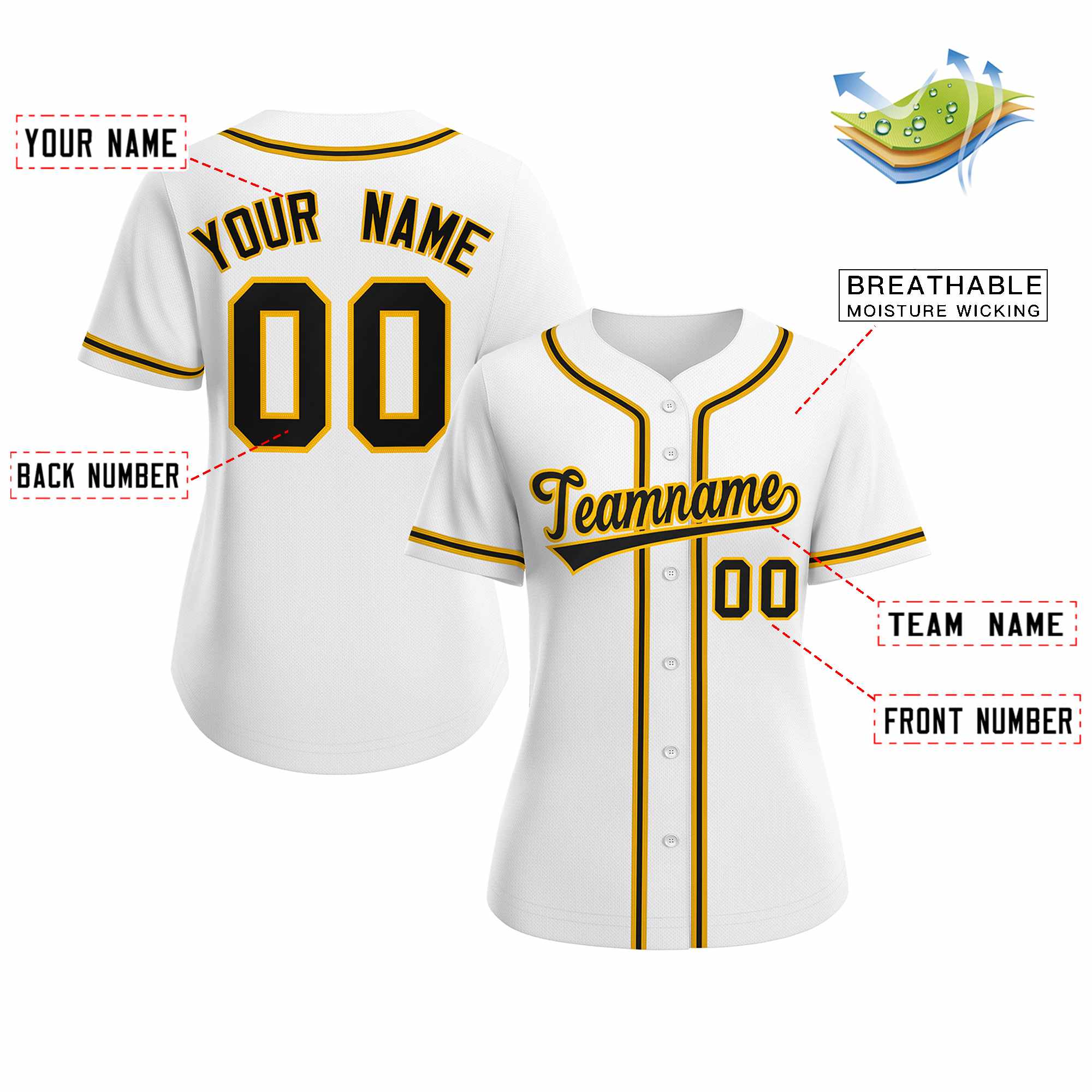 Custom White Black Gold Classic Style Baseball Jersey for Women