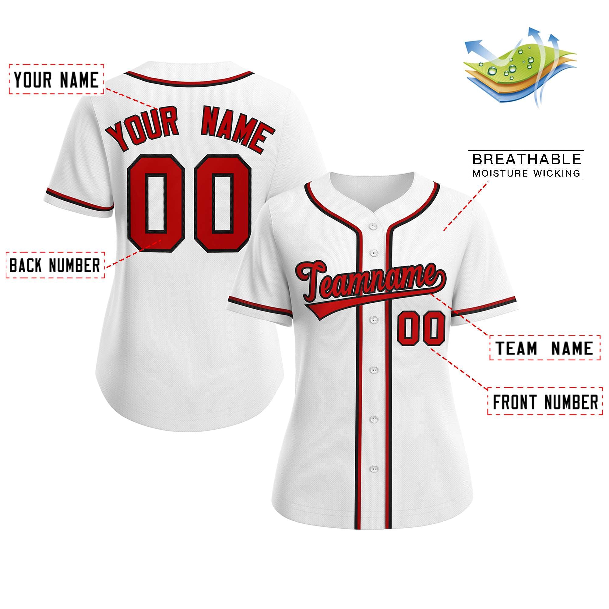 Maillot de baseball de style classique blanc rouge-noir personnalisé pour femmes