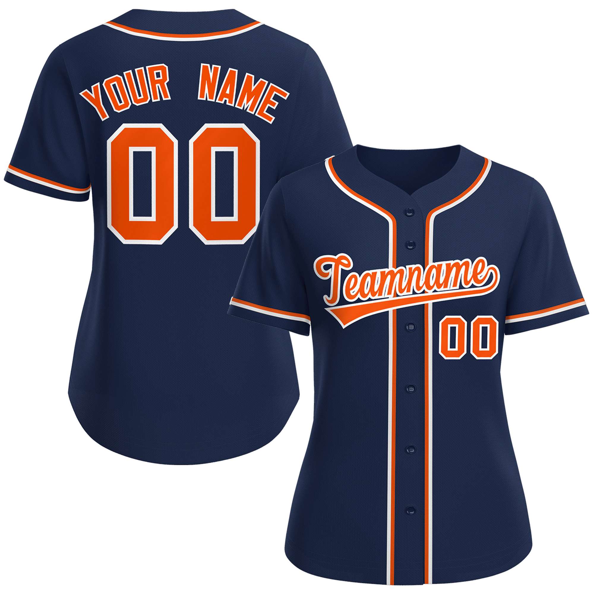 Maillot de baseball de style classique personnalisé bleu marine orange-blanc pour femmes