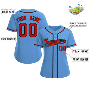 Custom Light Blue Red-Black Classic Style Baseball Jersey For Women