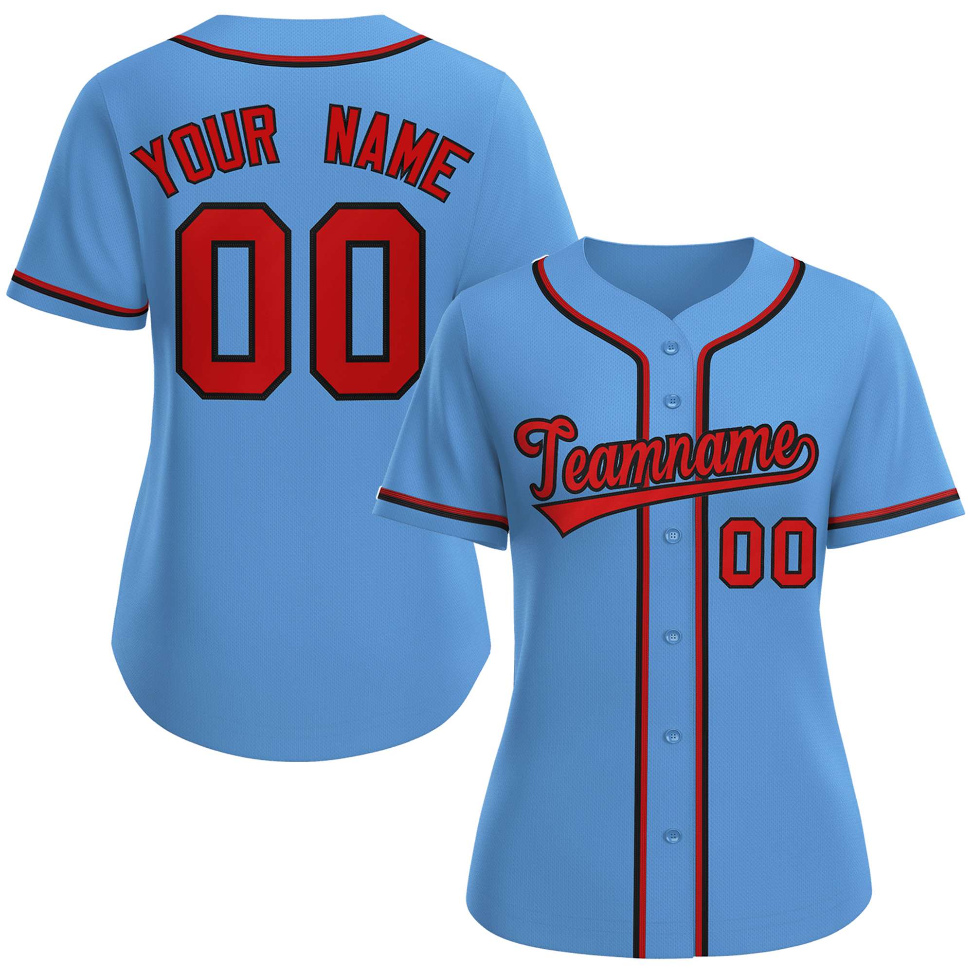 Maillot de baseball de style classique bleu clair rouge-noir personnalisé pour femmes