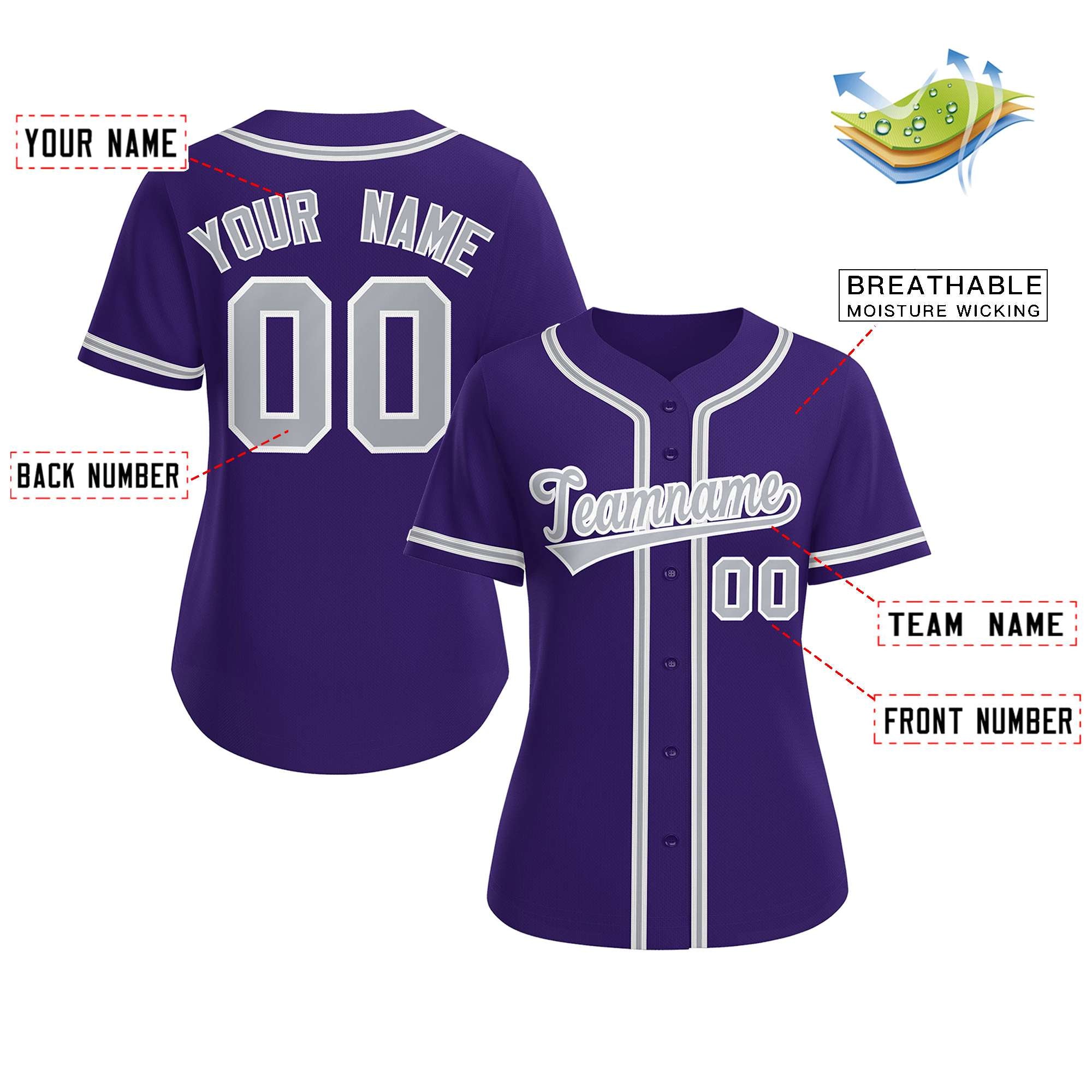 Custom Purple Gray-White Classic Style Baseball Jersey For Women