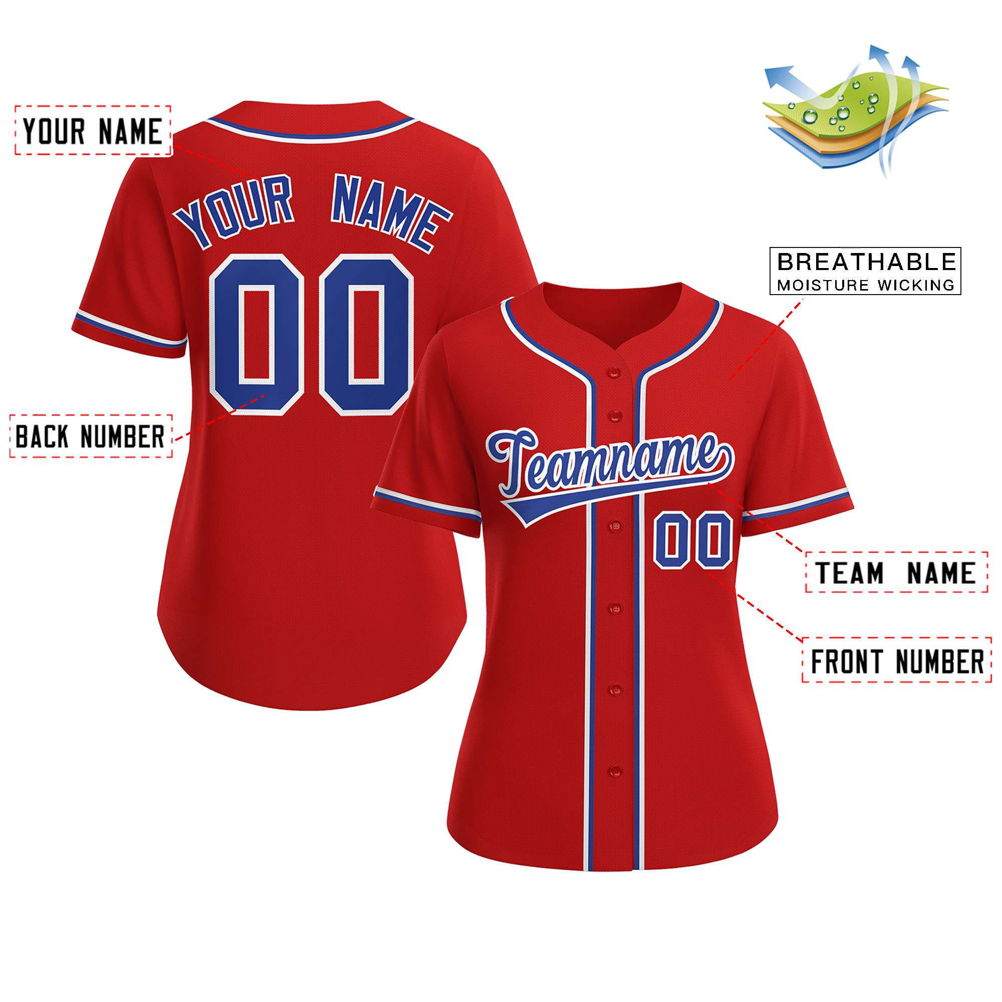 Maillot de baseball de style classique rouge royal-blanc personnalisé pour femmes