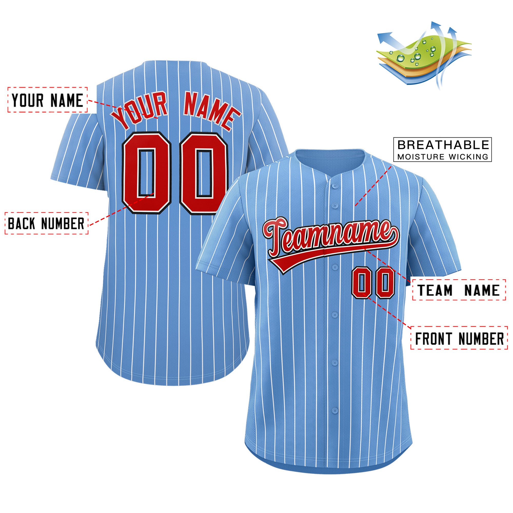 Maillot de baseball personnalisé à rayures bleu clair rouge-royal, authentique, à la mode