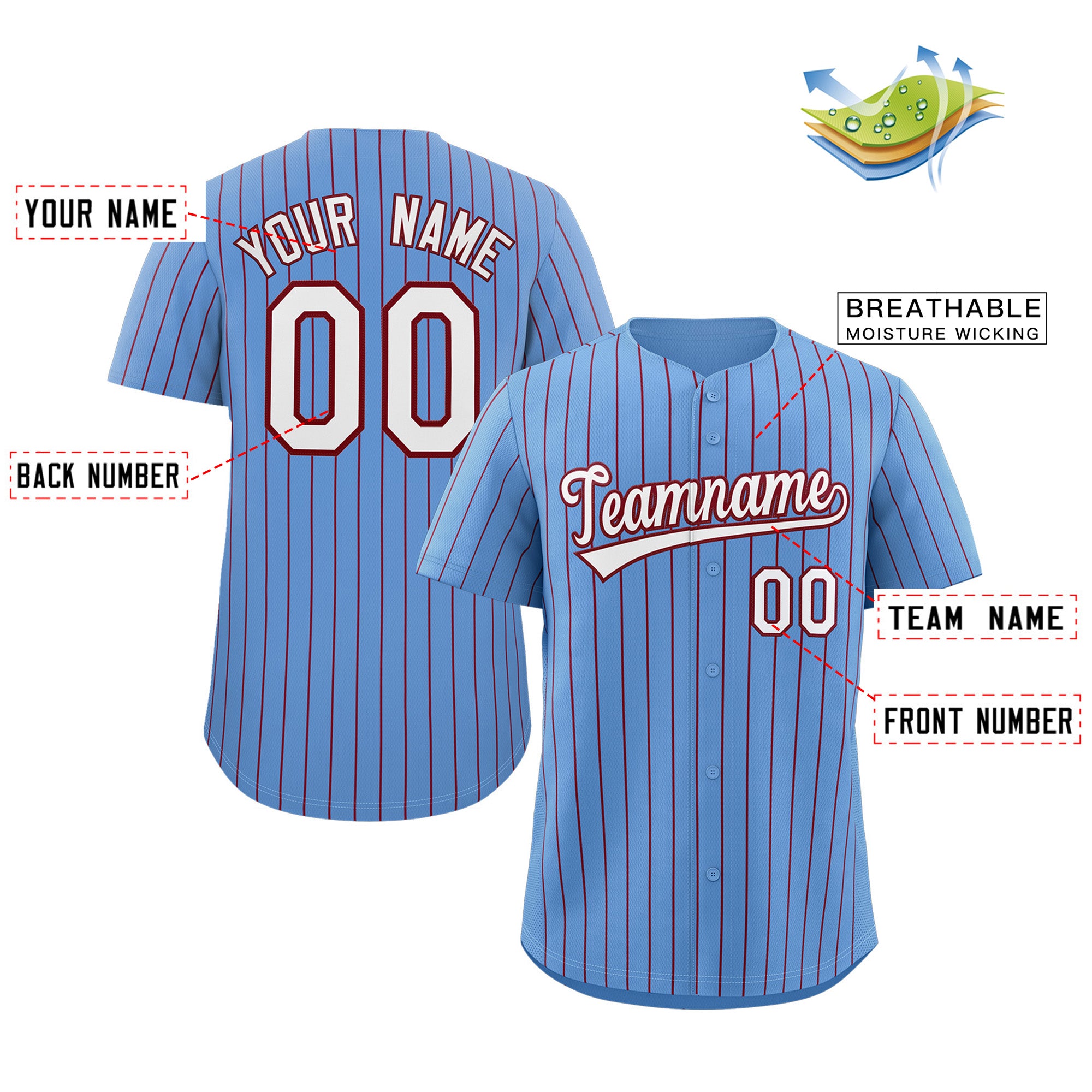 Maillot de baseball personnalisé à rayures bleu poudre blanc-cramoisi, à la mode, authentique