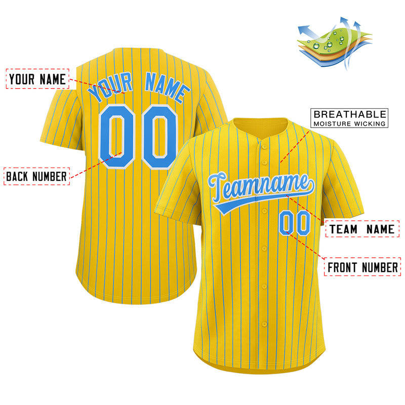 Maillot de baseball personnalisé à rayures bleu-blanc et poudre jaune, authentique, à la mode