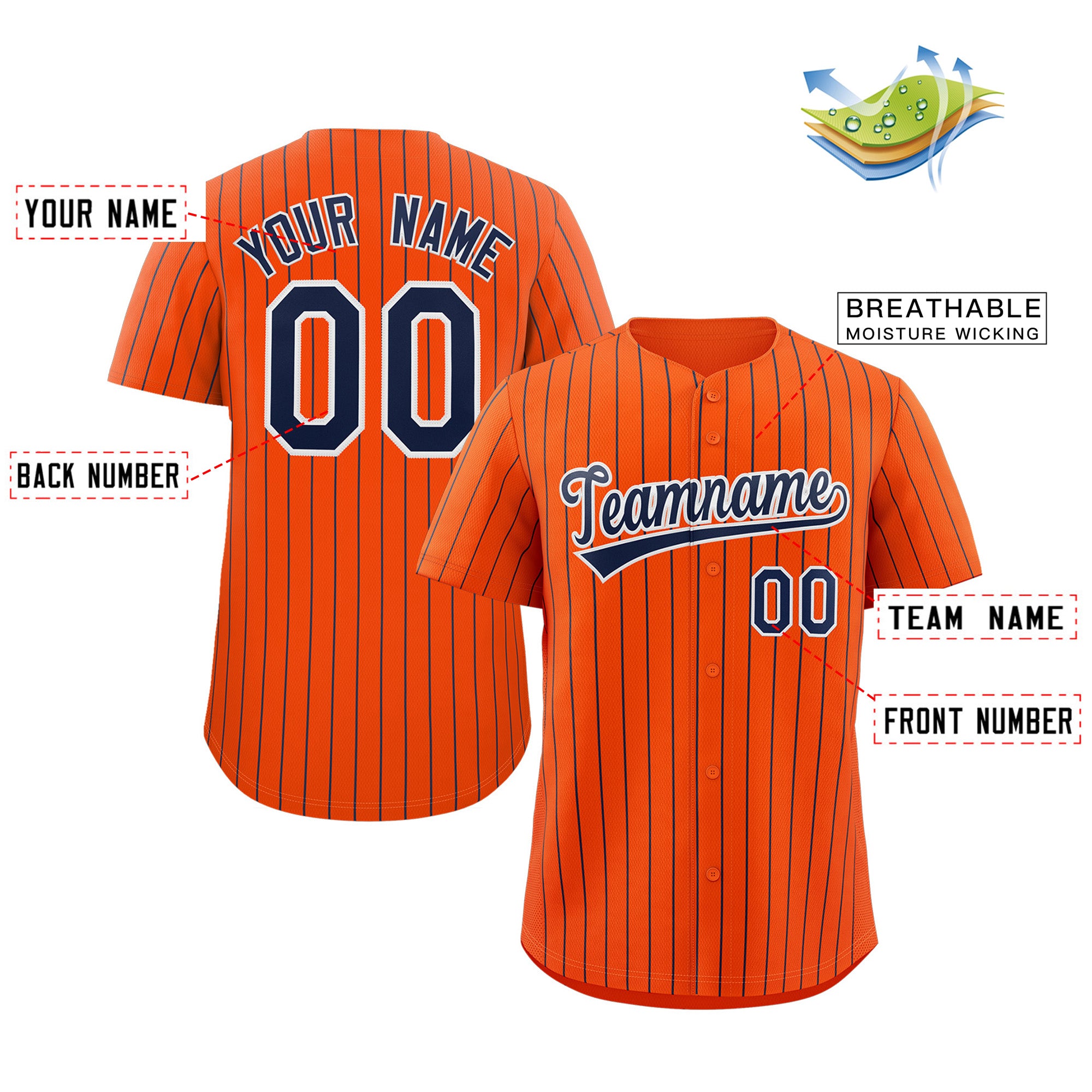 Maillot de baseball authentique à rayures orange marine et blanc, personnalisé, à la mode