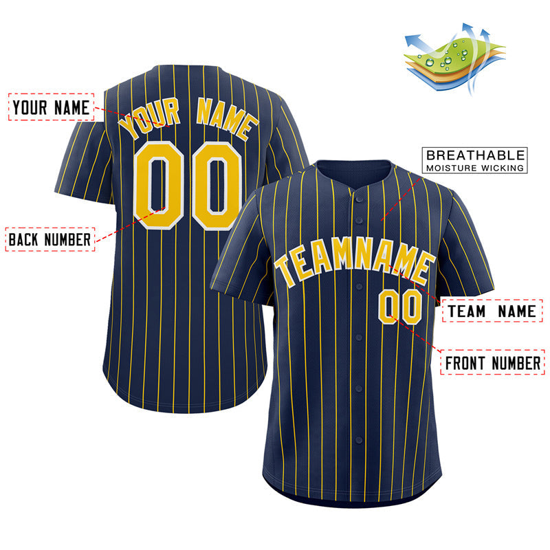 Custom Team Gold Baseball Authentic White Navy Strip Jersey Navy