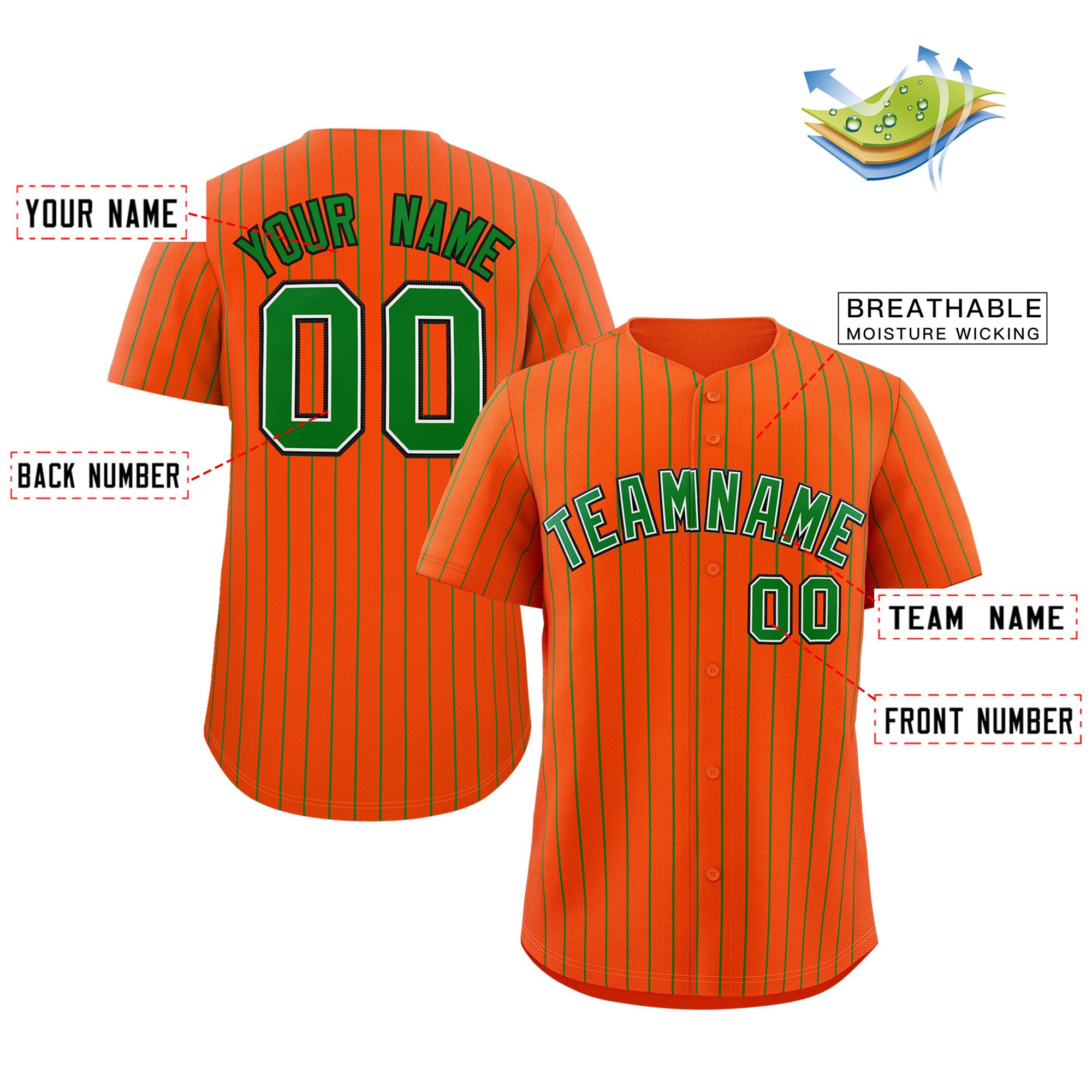 Maillot de baseball authentique à rayures orange, vert et noir, personnalisé, à la mode