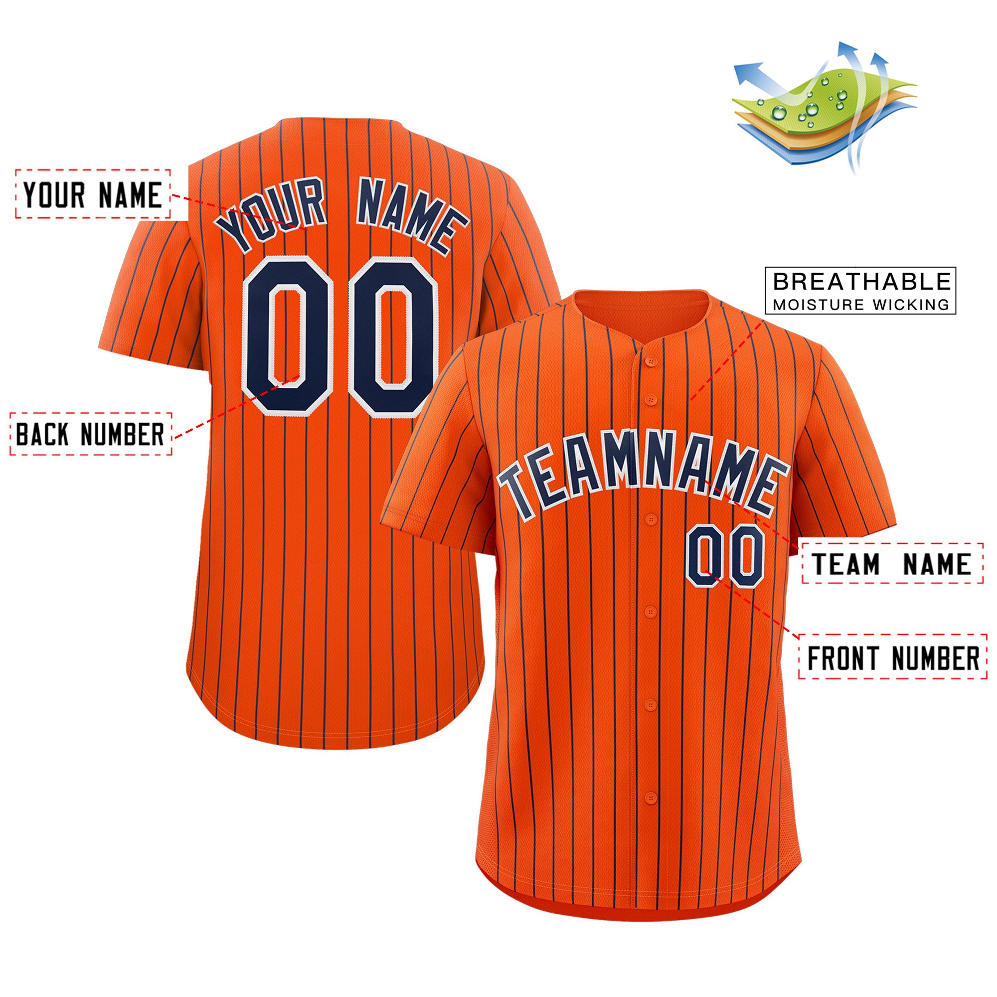 Maillot de baseball authentique à rayures orange marine et blanc, personnalisé, à la mode