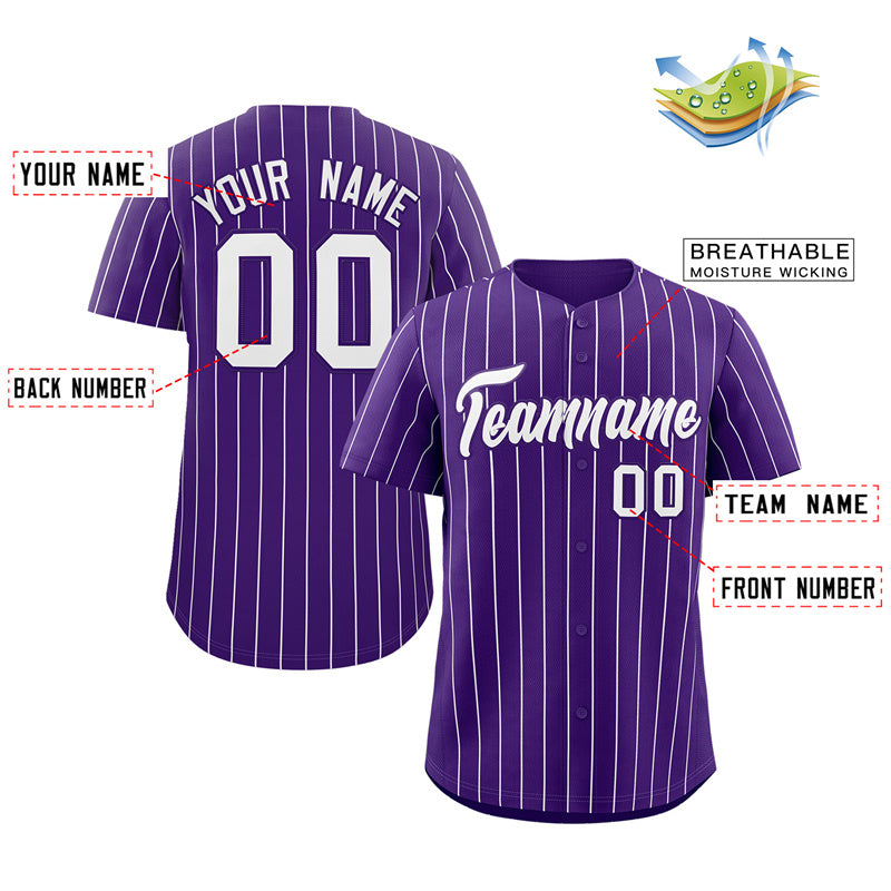 Maillot de baseball authentique à rayures blanches et violettes, personnalisé, à la mode