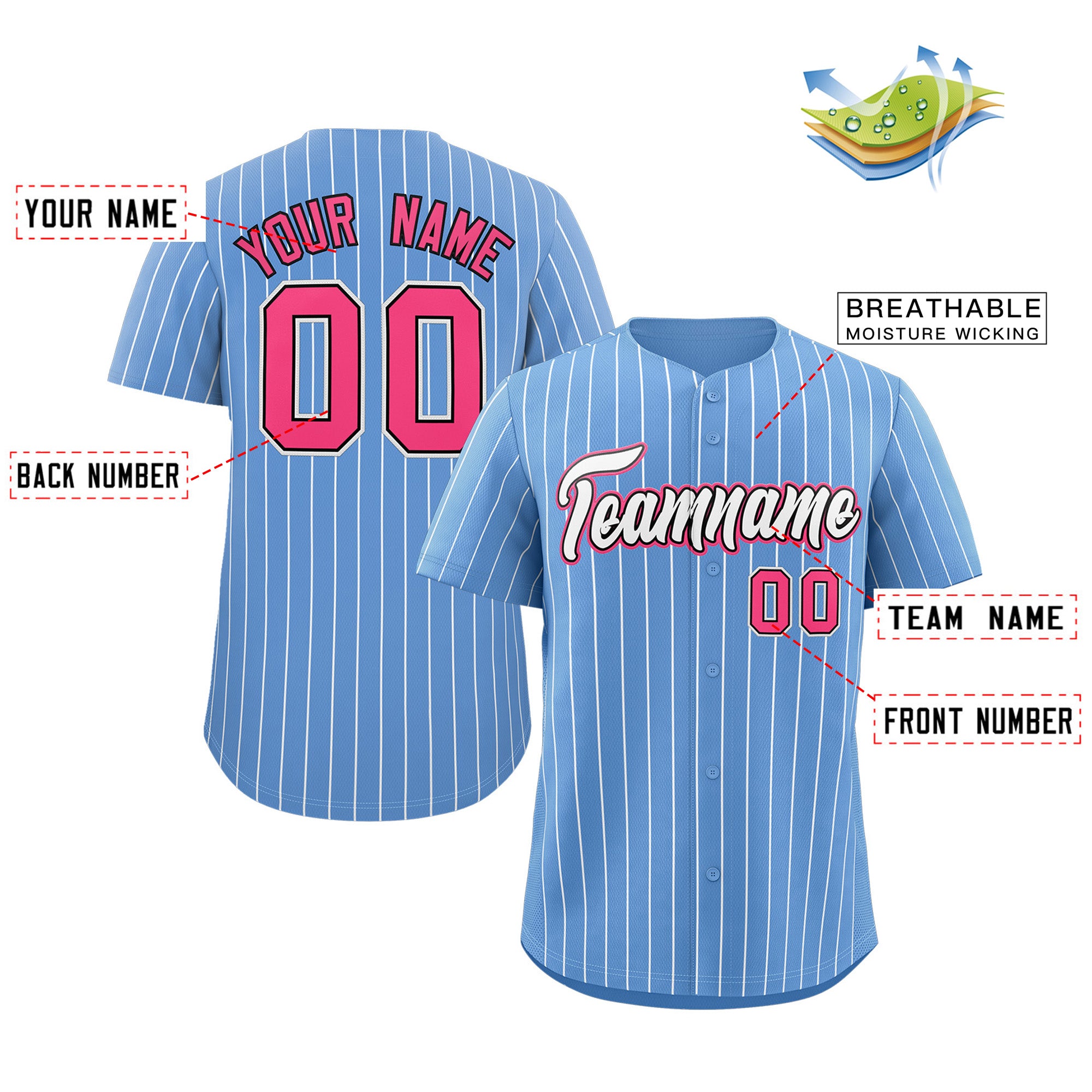 Maillot de baseball personnalisé à rayures bleu clair blanc-rose, authentique, à la mode