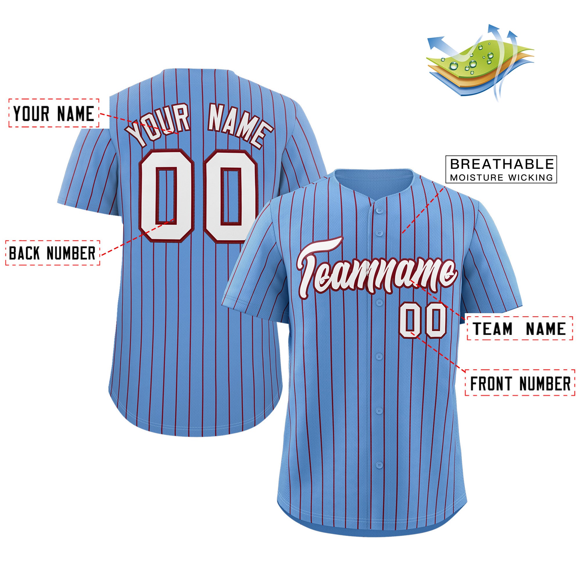 Maillot de baseball authentique à rayures bleu clair et cramoisi, personnalisé, à la mode