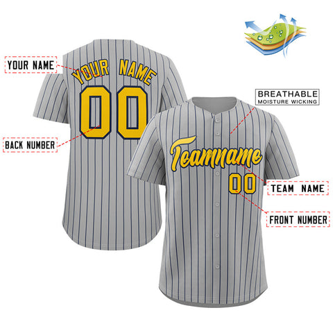 Custom Gray Gold-Navy Stripe Fashion Authentic Baseball Jersey