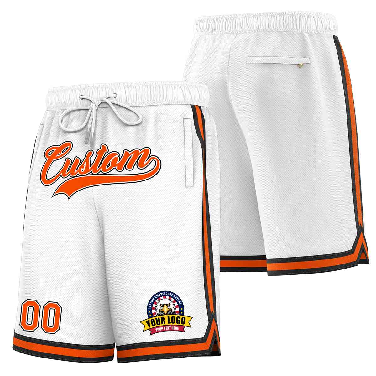 Short en maille de basket-ball de style classique blanc orange-noir personnalisé