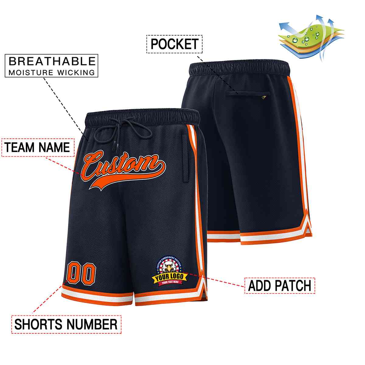 Short de basket-ball en maille de style classique, personnalisé, bleu marine, orange-blanc