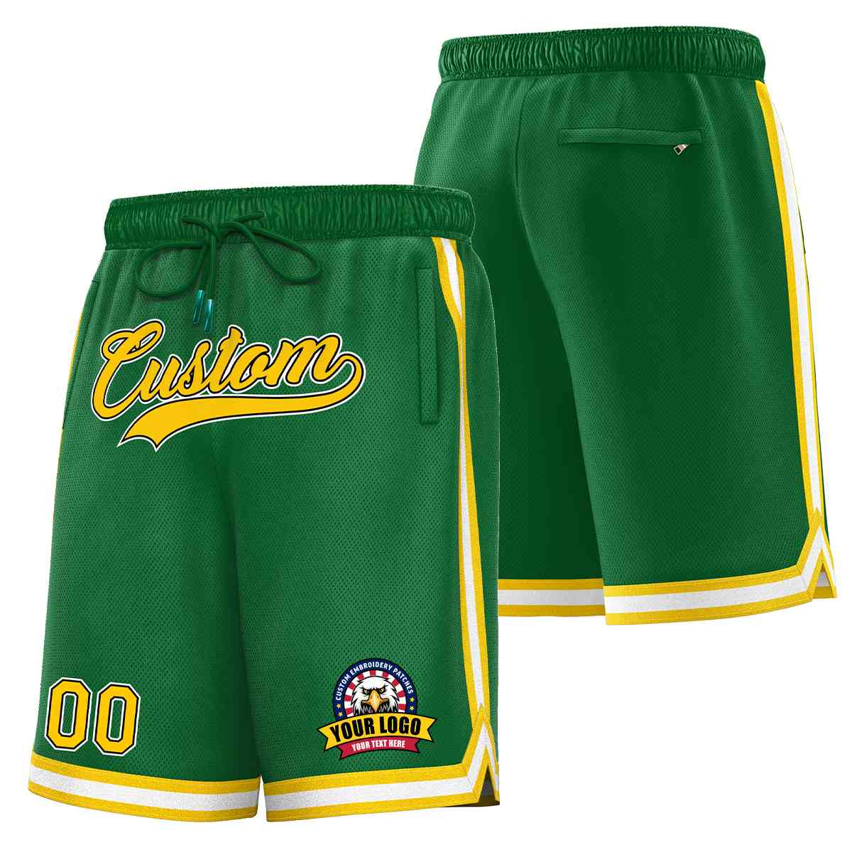 Short en maille de basket-ball de style classique Kelly vert or-blanc personnalisé