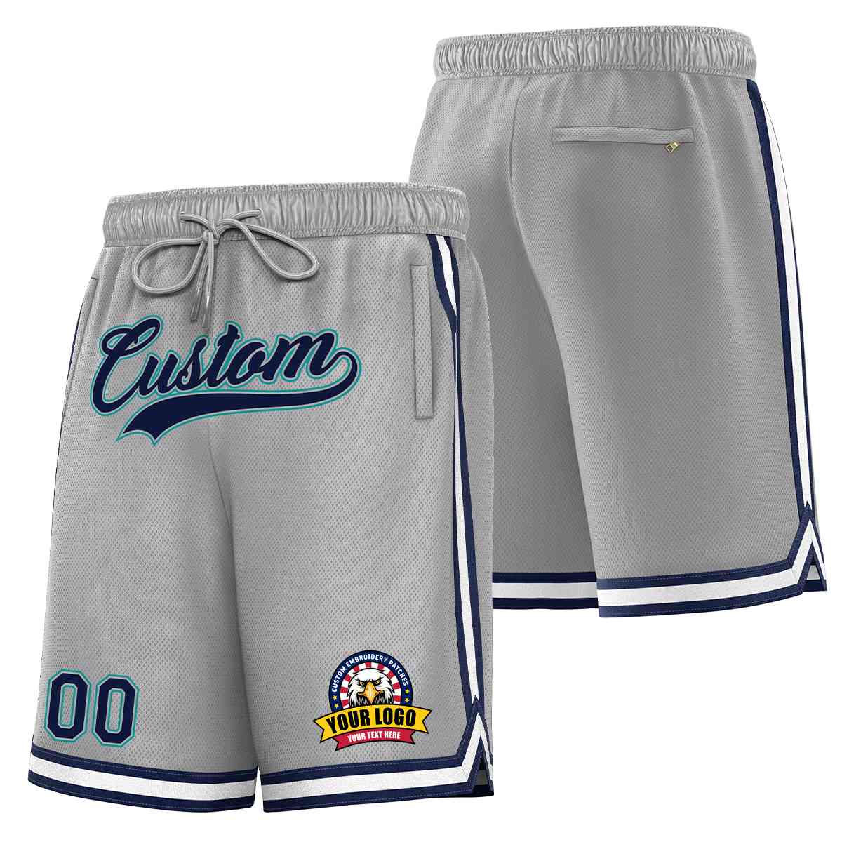 Custom Gray Navy-Teal Classic Style Basketball Mesh Shorts