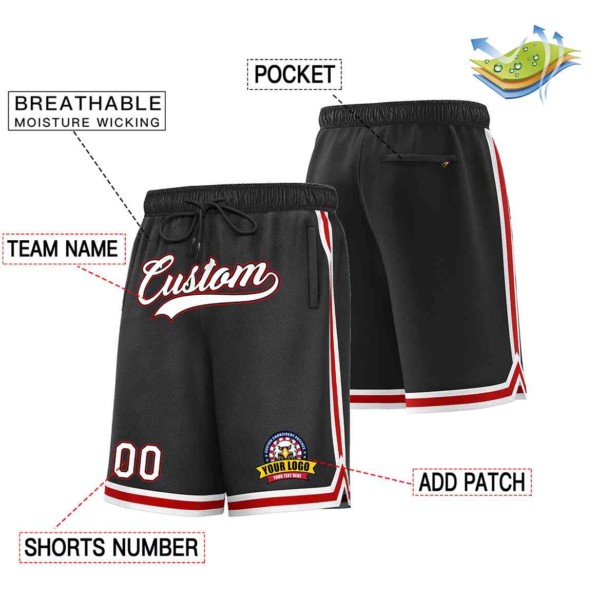 Custom Black White-Red Classic Style Basketball Mesh Shorts