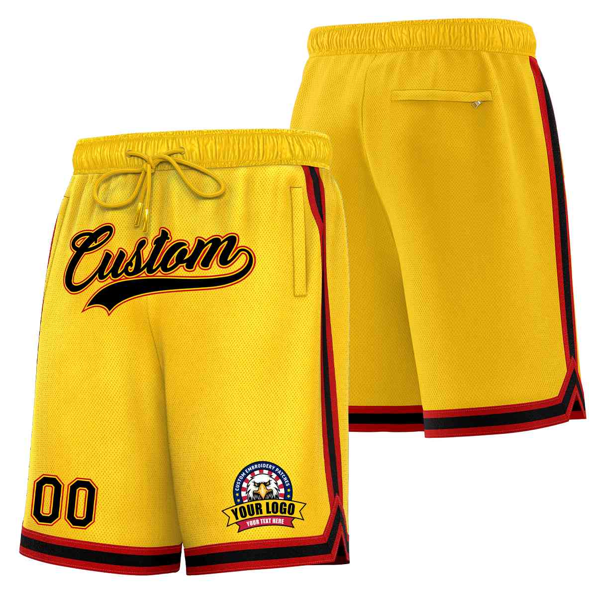 Short en maille de basket-ball de style classique noir-rouge personnalisé en or