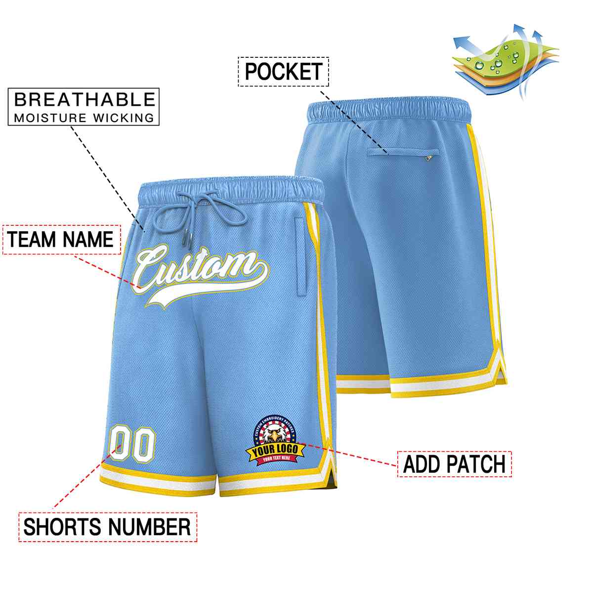 Custom Light Blue White-Gold Classic Style Basketball Mesh Shorts