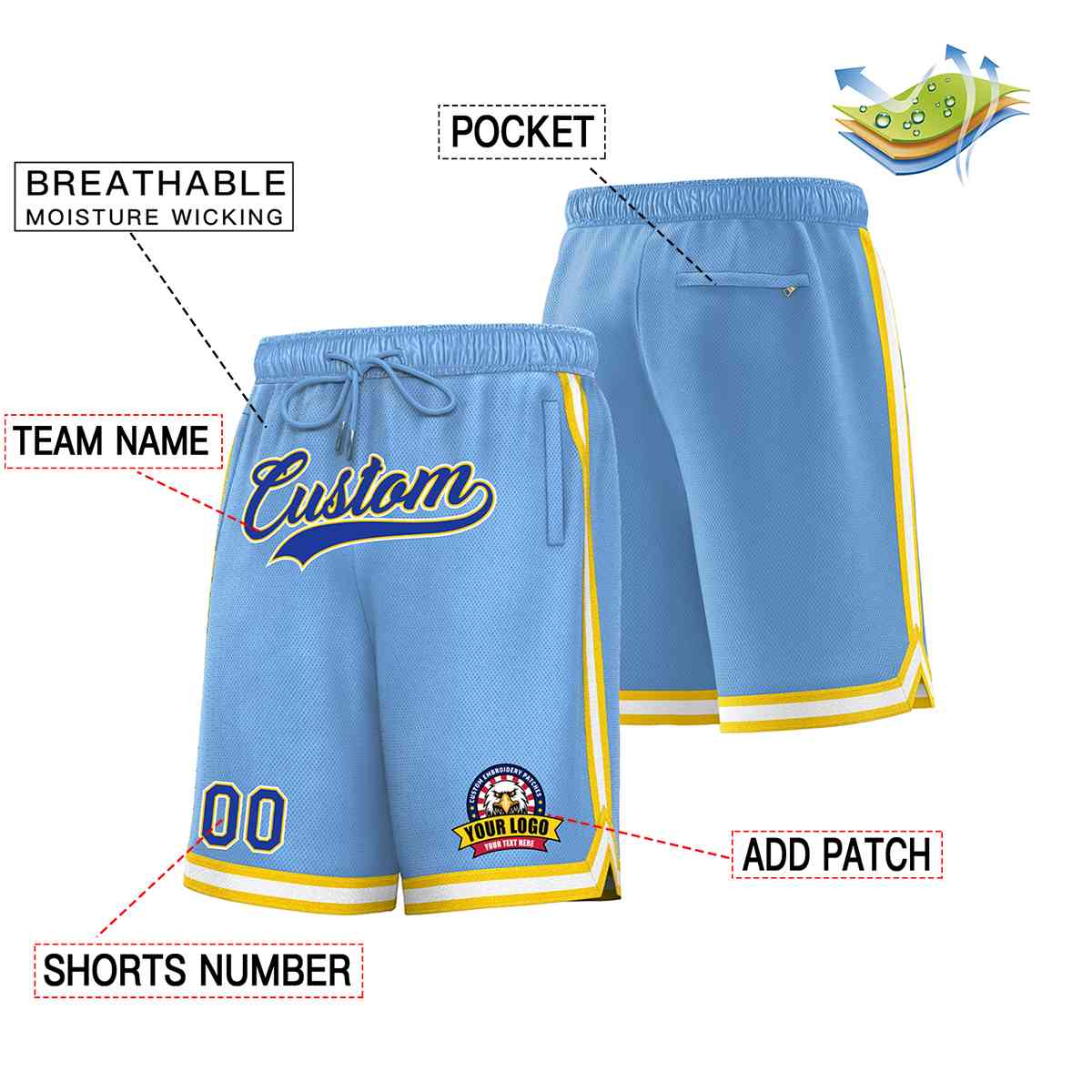 Custom Light Blue Royal-White Classic Style Basketball Mesh Shorts