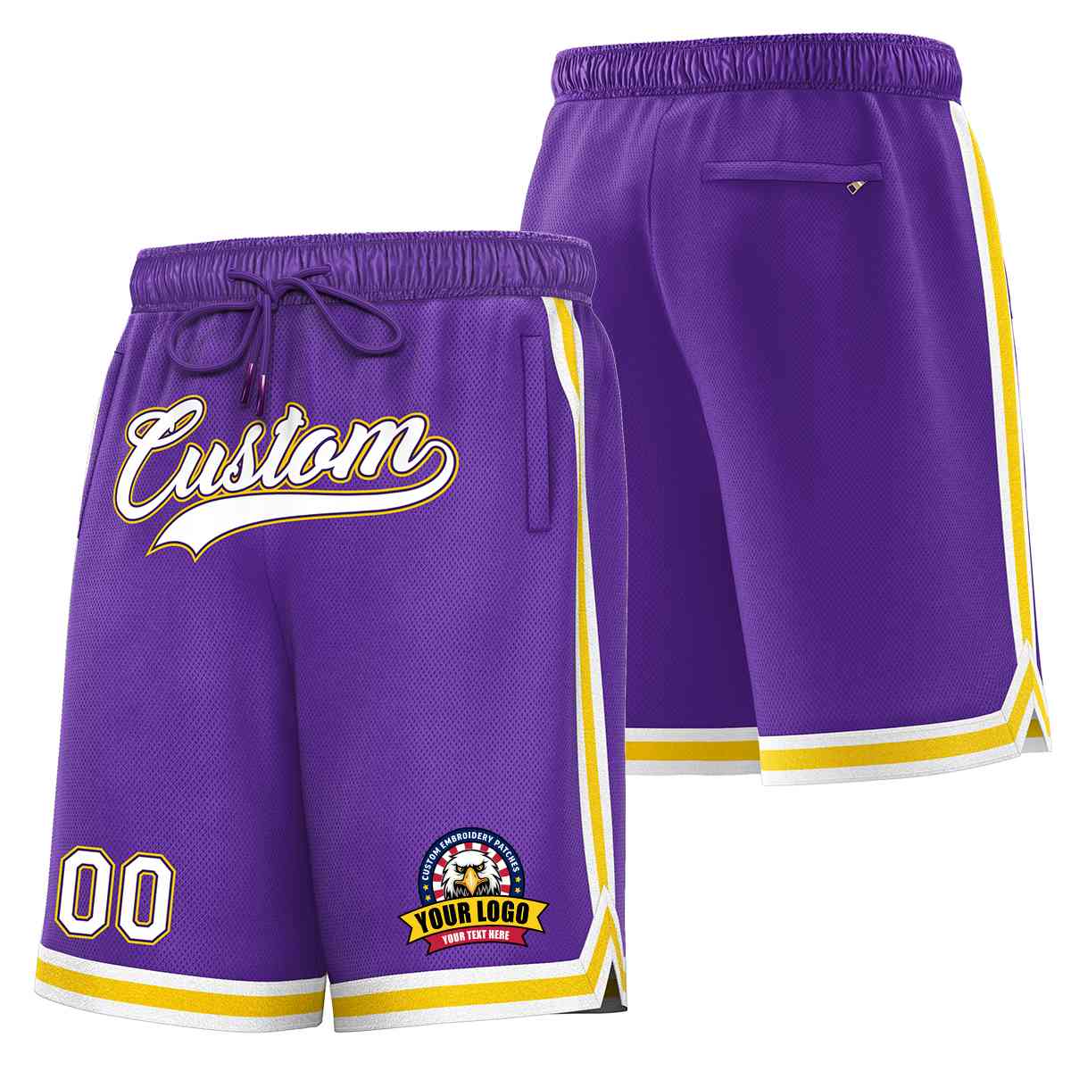 Short en maille de basket-ball de style classique violet blanc-or personnalisé