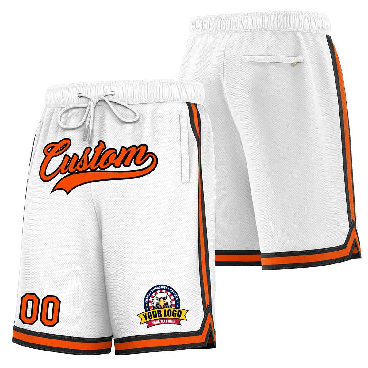 Short en maille de basket-ball de style classique blanc orange-noir personnalisé