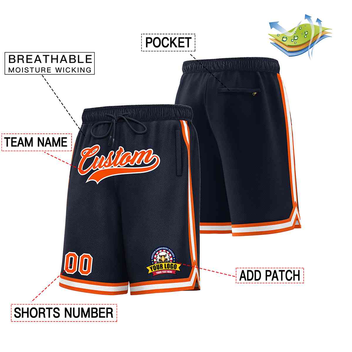 Short de basket-ball en maille de style classique, personnalisé, bleu marine, orange-blanc