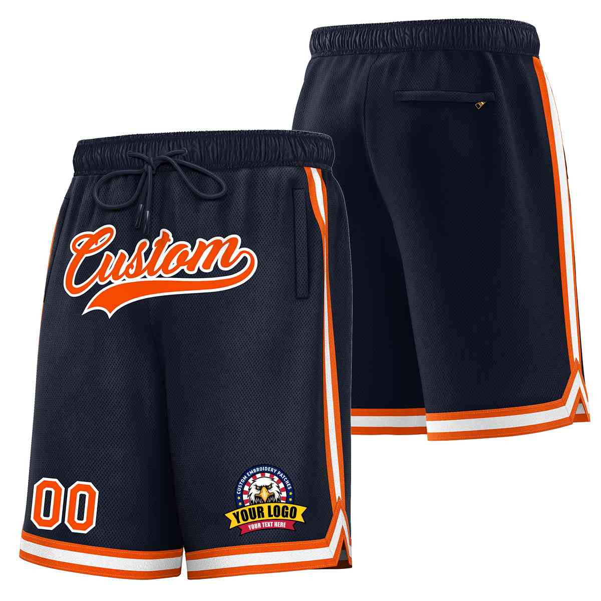 Short de basket-ball en maille de style classique, personnalisé, bleu marine, orange-blanc