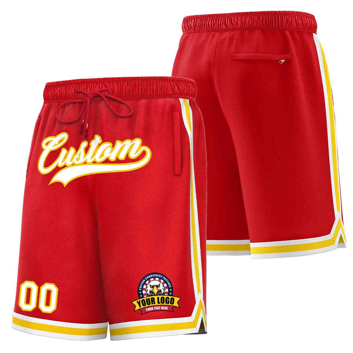 Short en maille de basket-ball de style classique rouge blanc-or personnalisé