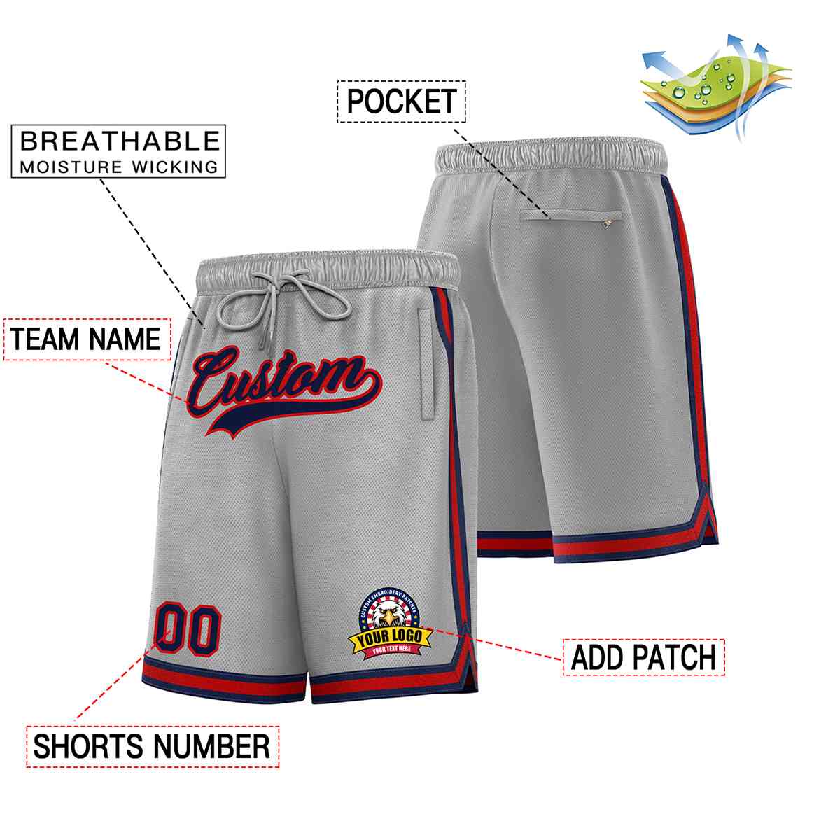 Custom Gray Navy-Red Classic Style Basketball Mesh Shorts