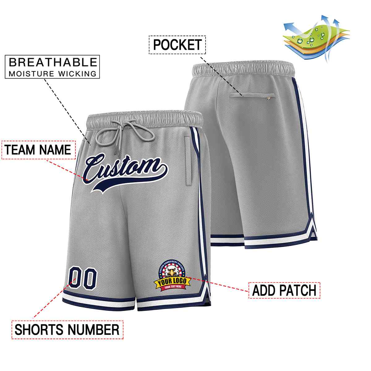 Short en maille de basket-ball de style classique gris marine-blanc personnalisé