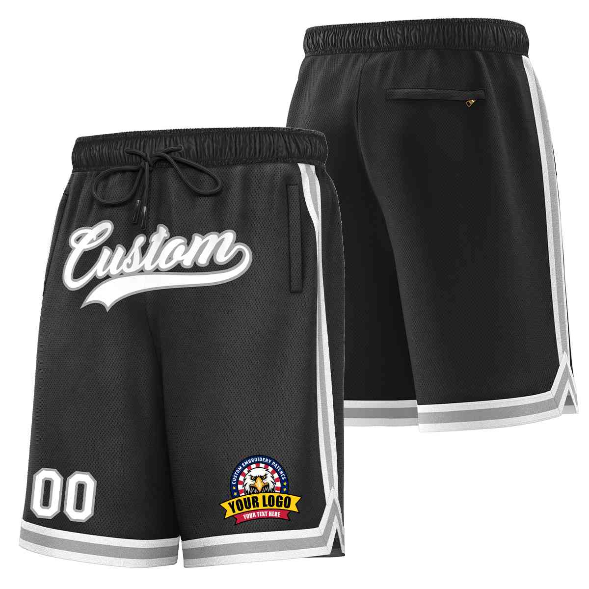 Short en maille de basket-ball de style classique noir blanc-gris personnalisé