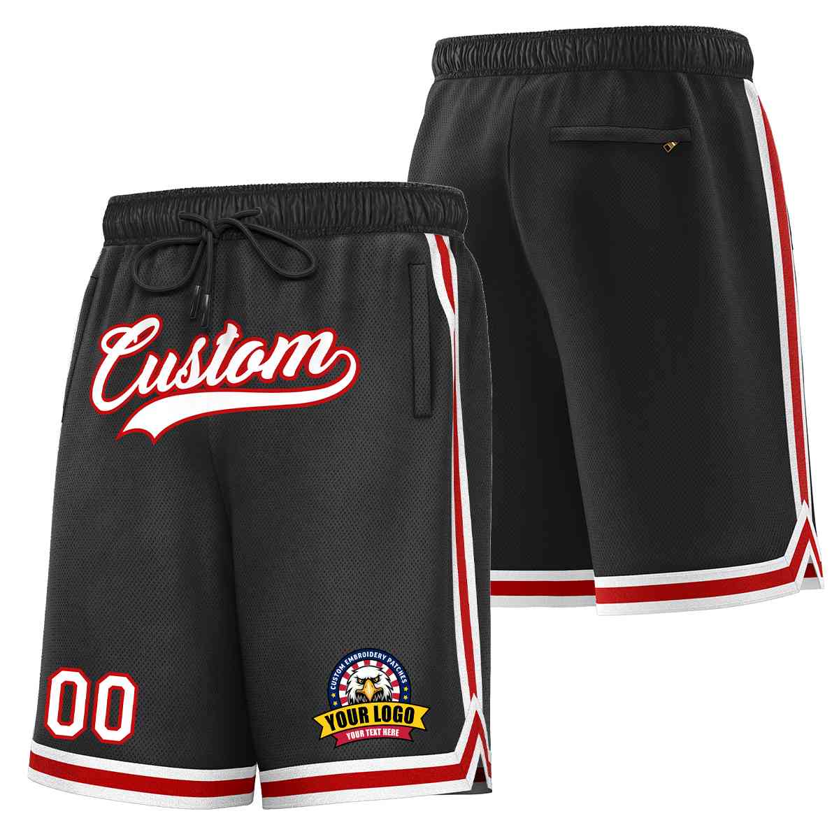 Short en maille de basket-ball de style classique noir blanc-rouge personnalisé