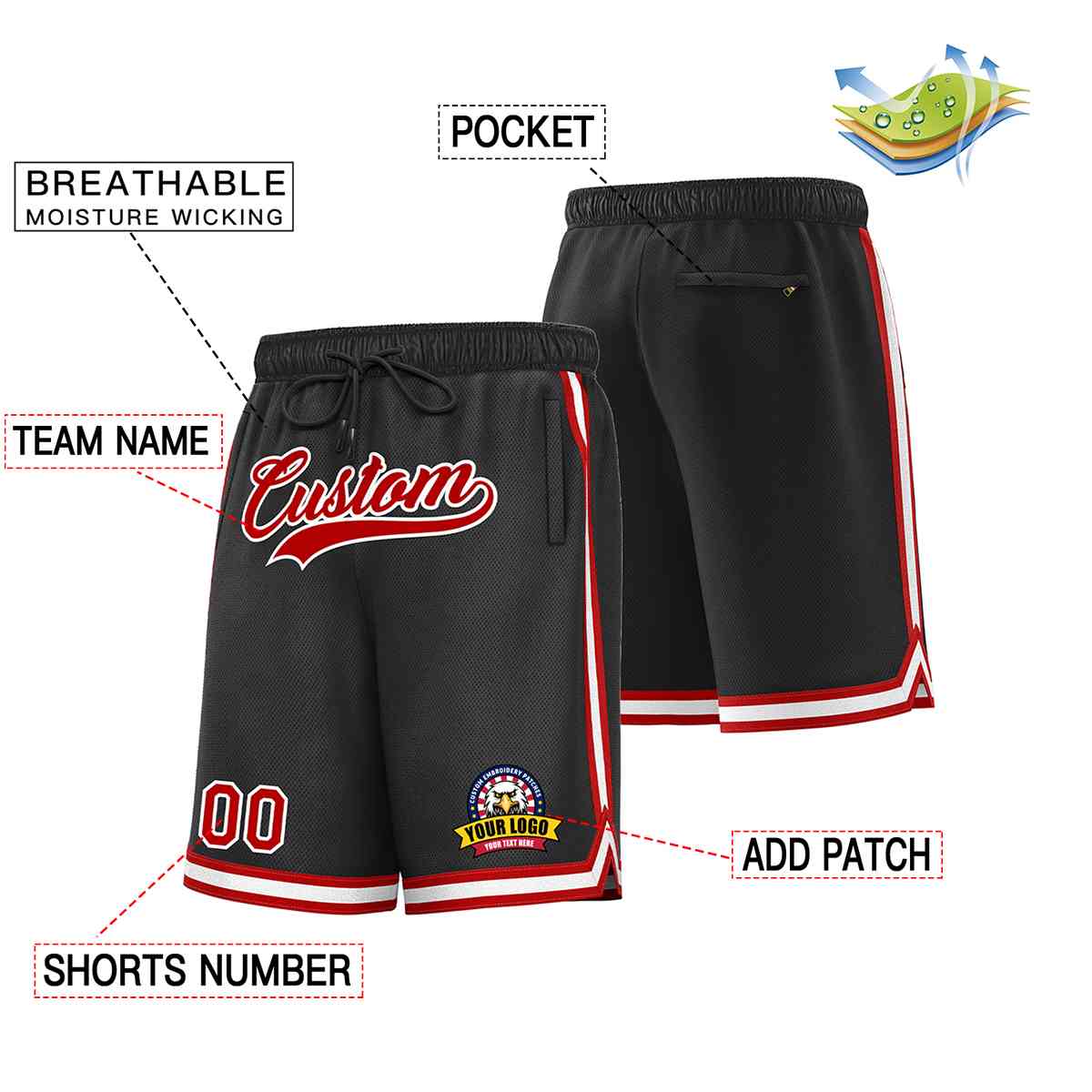 Custom Black Red-White Classic Style Basketball Mesh Shorts