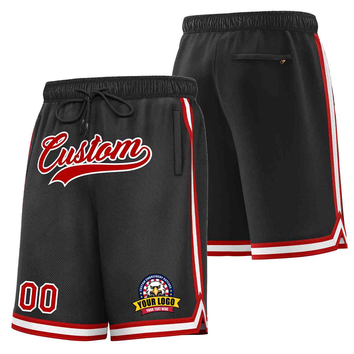 Short en maille de basket-ball de style classique noir rouge-blanc personnalisé